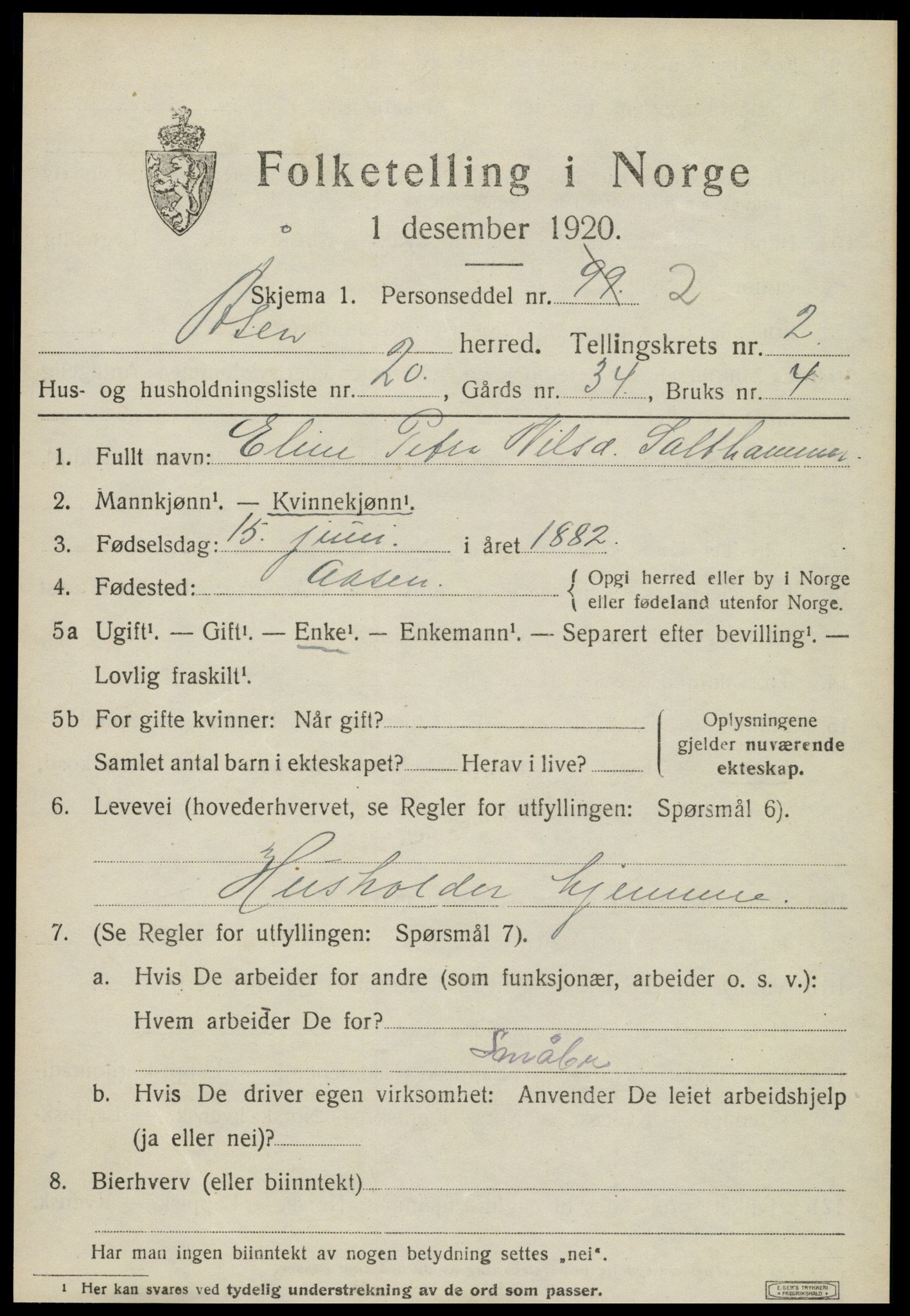SAT, 1920 census for Åsen, 1920, p. 1904
