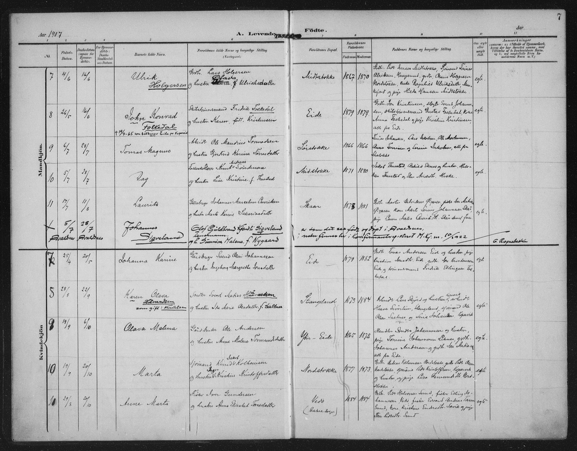 Kopervik sokneprestkontor, AV/SAST-A-101850/H/Ha/Haa/L0003: Parish register (official) no. A 3, 1906-1924, p. 7