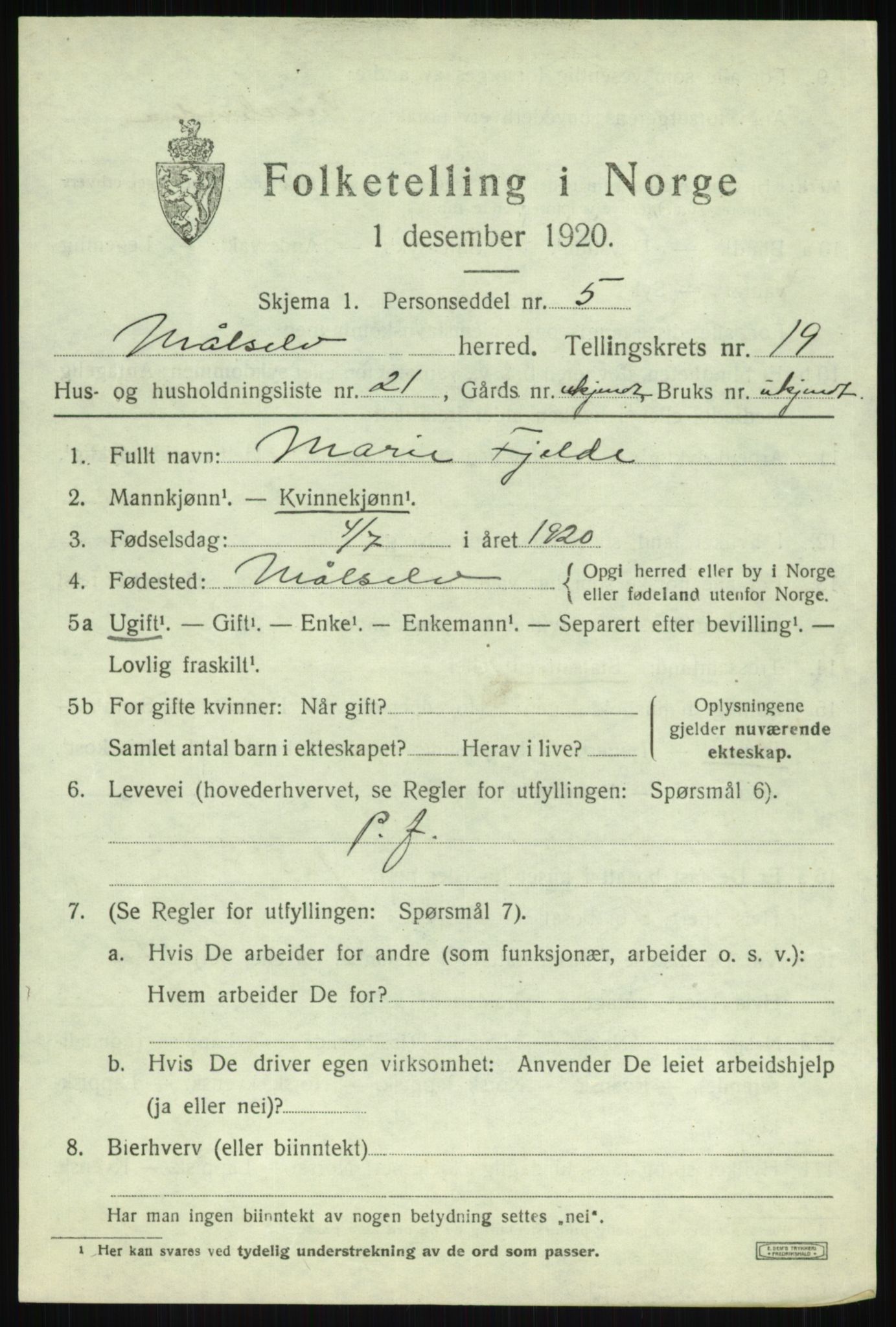 SATØ, 1920 census for Målselv, 1920, p. 9443