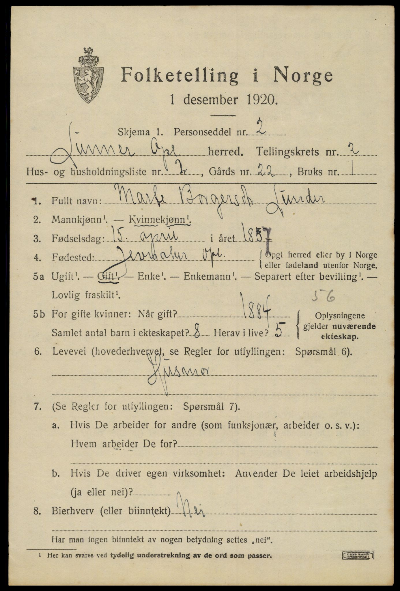 SAH, 1920 census for Lunner, 1920, p. 2873