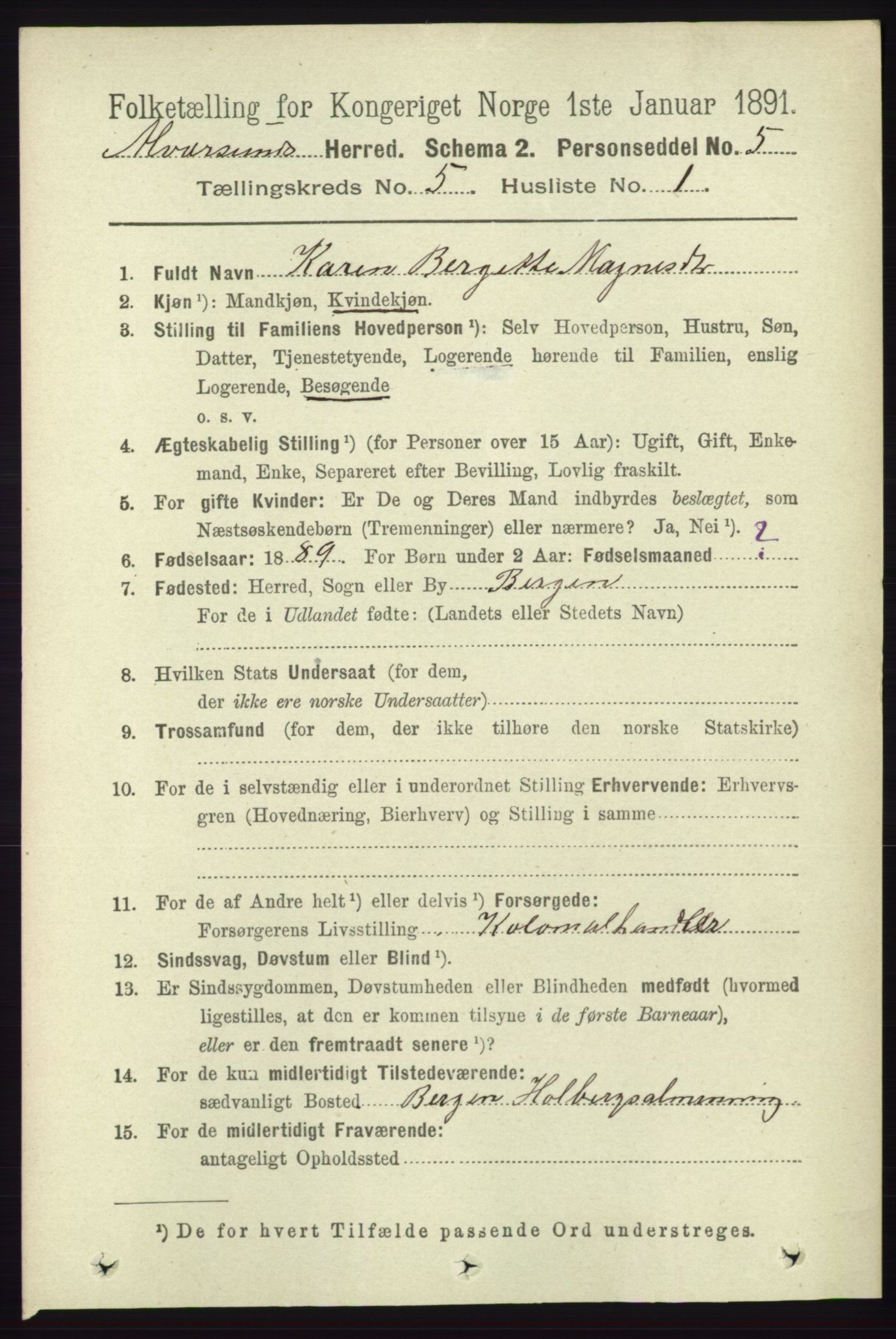 RA, 1891 census for 1257 Alversund, 1891, p. 1797