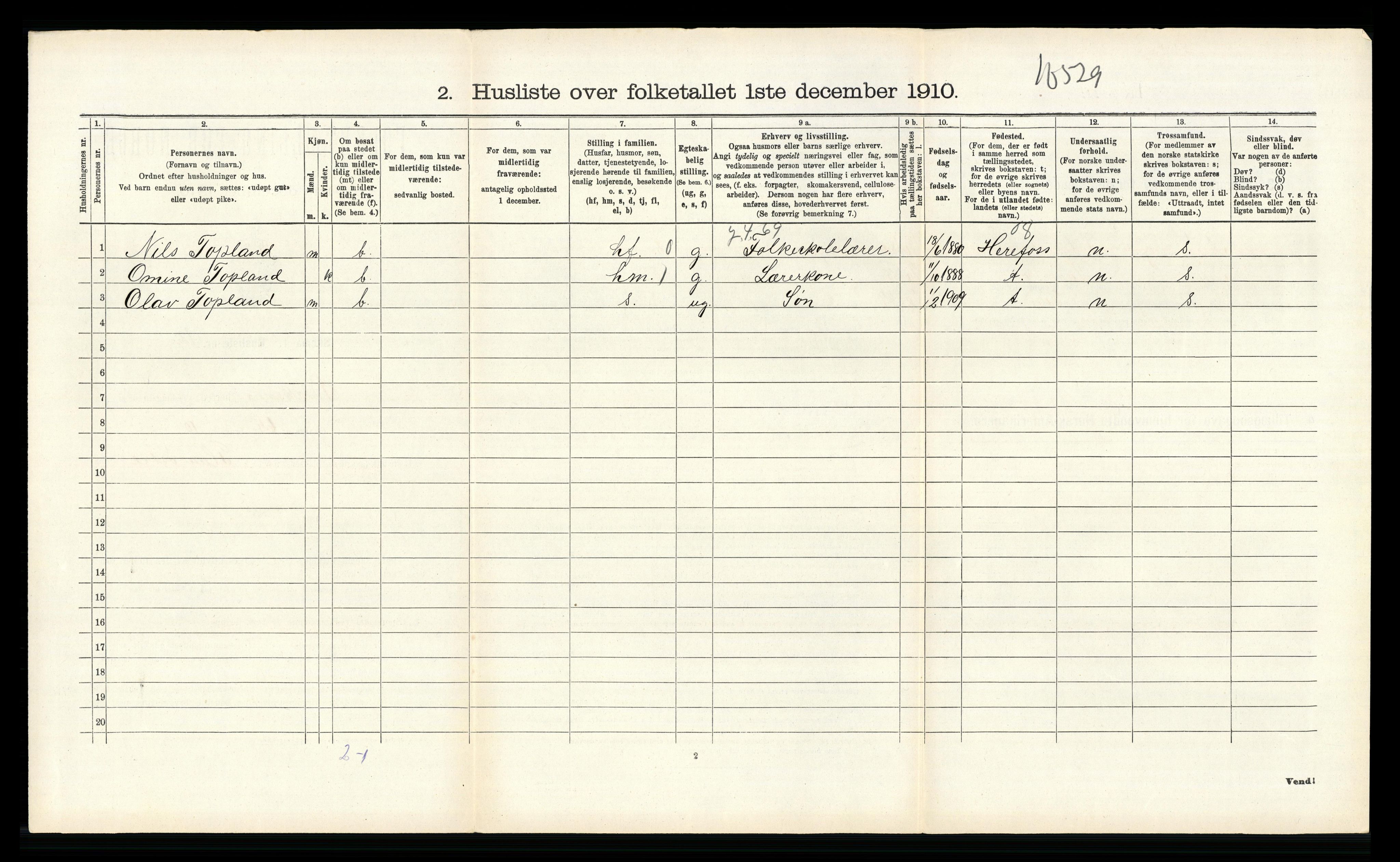 RA, 1910 census for Birkenes, 1910, p. 645