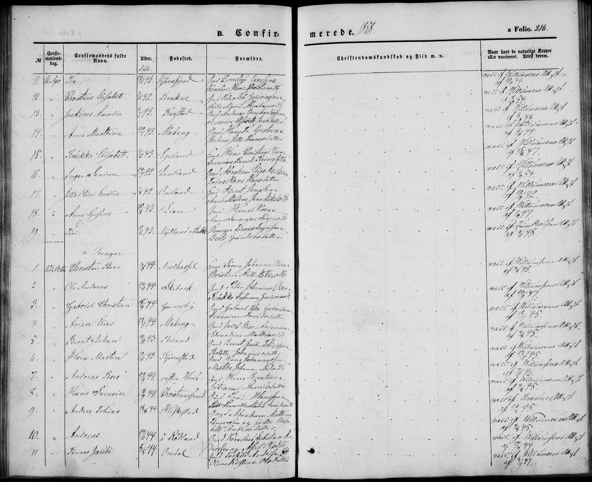 Lista sokneprestkontor, AV/SAK-1111-0027/F/Fb/L0002: Parish register (copy) no. B 2, 1847-1862, p. 216