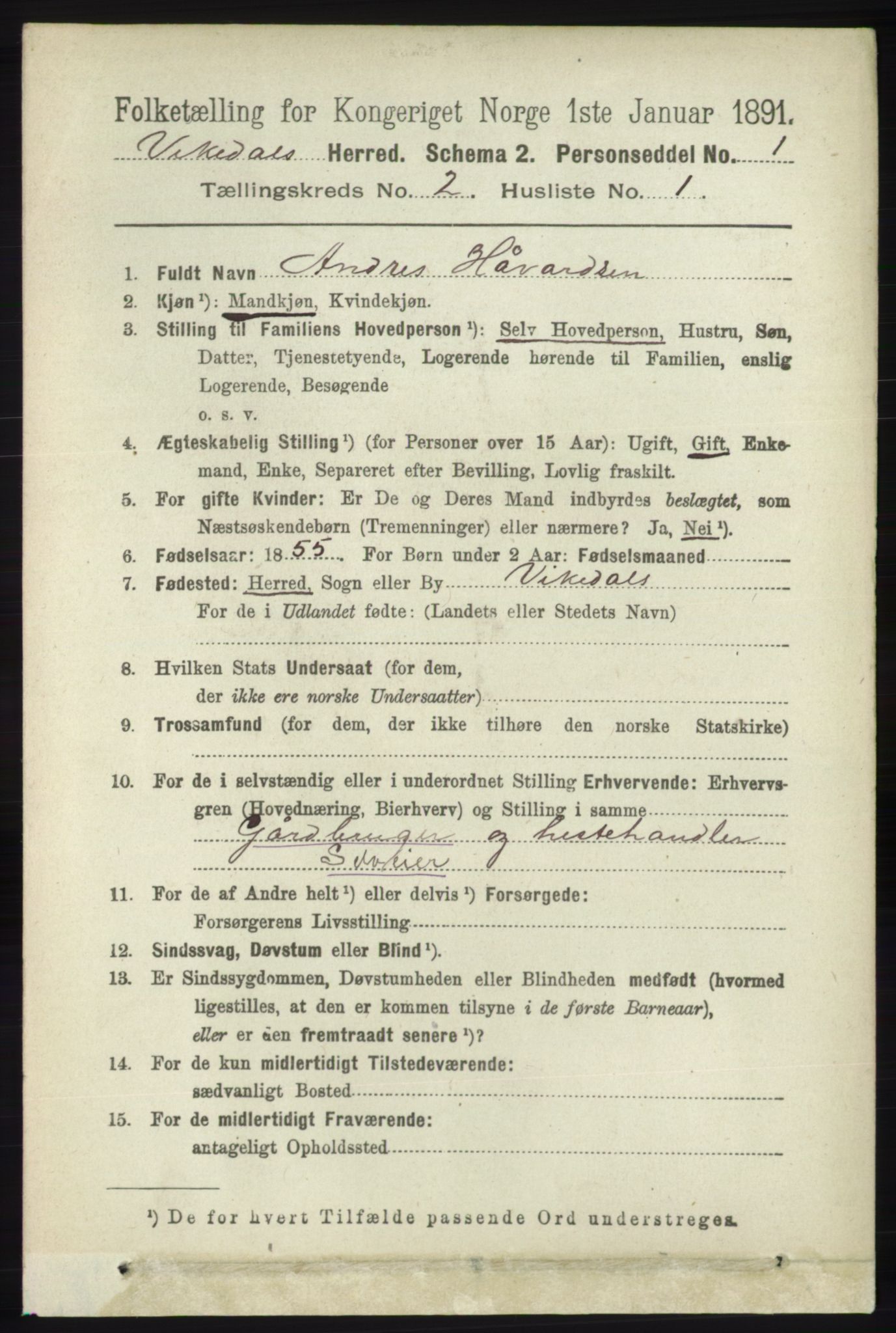 RA, 1891 census for 1157 Vikedal, 1891, p. 288