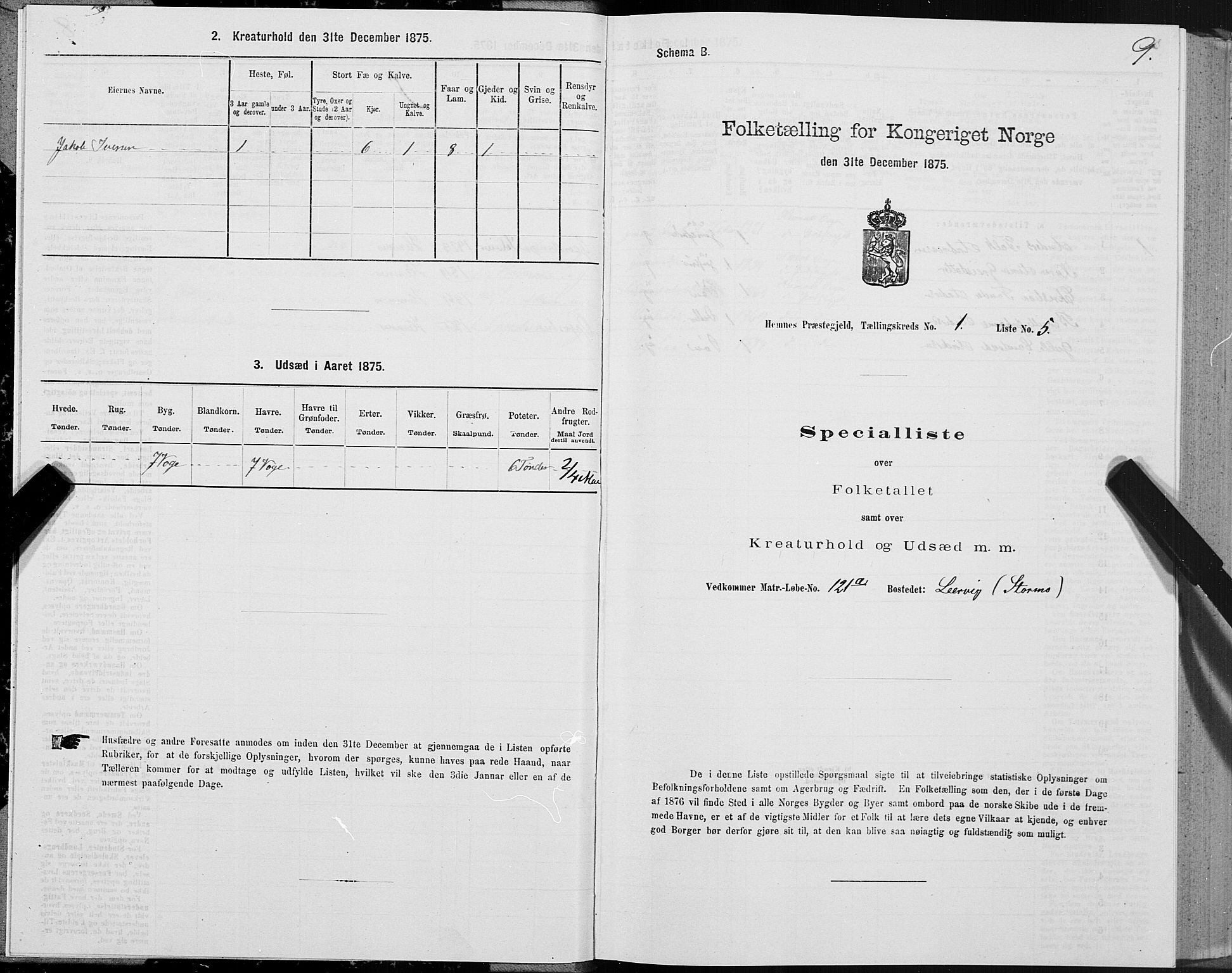 SAT, 1875 census for 1832P Hemnes, 1875, p. 1009