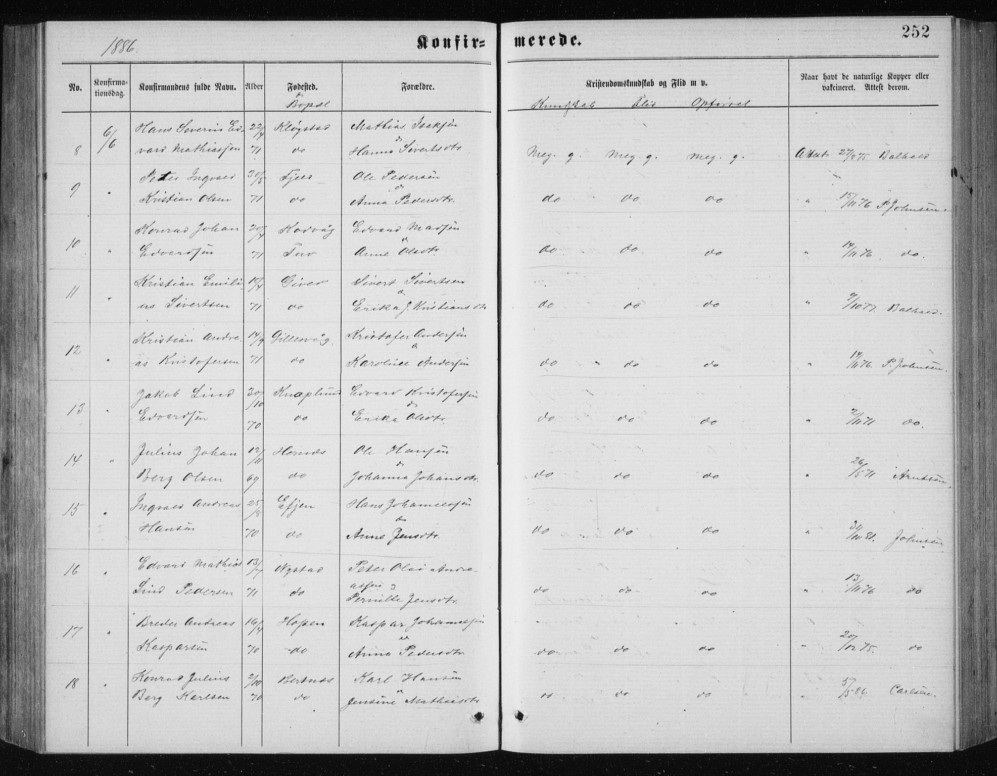 Ministerialprotokoller, klokkerbøker og fødselsregistre - Nordland, AV/SAT-A-1459/801/L0031: Parish register (copy) no. 801C06, 1883-1887, p. 252