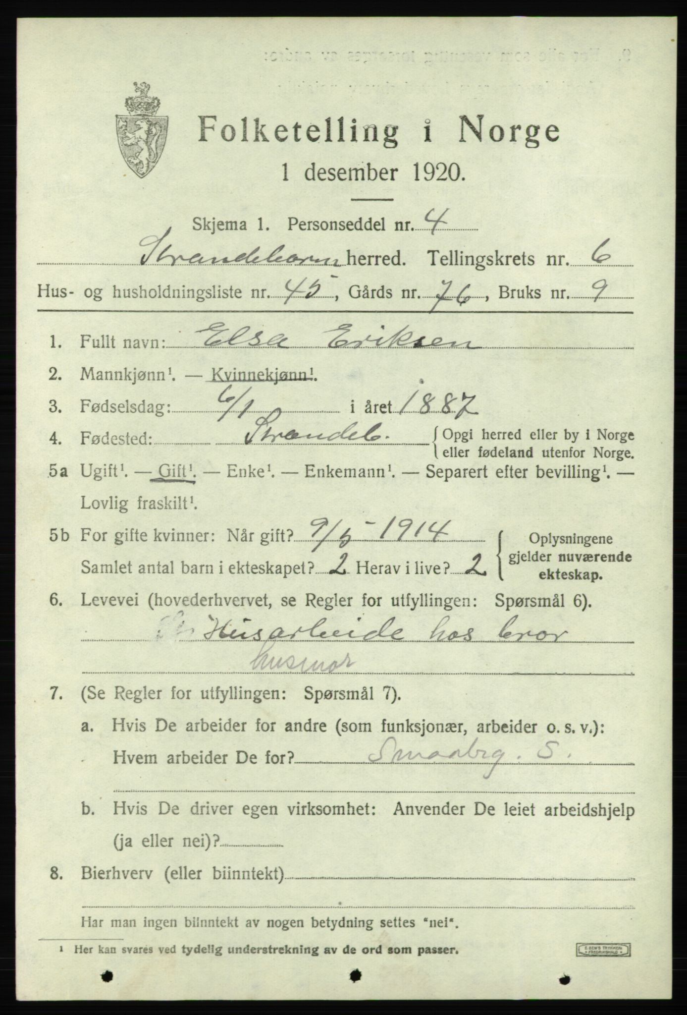 SAB, 1920 census for Strandebarm, 1920, p. 4372