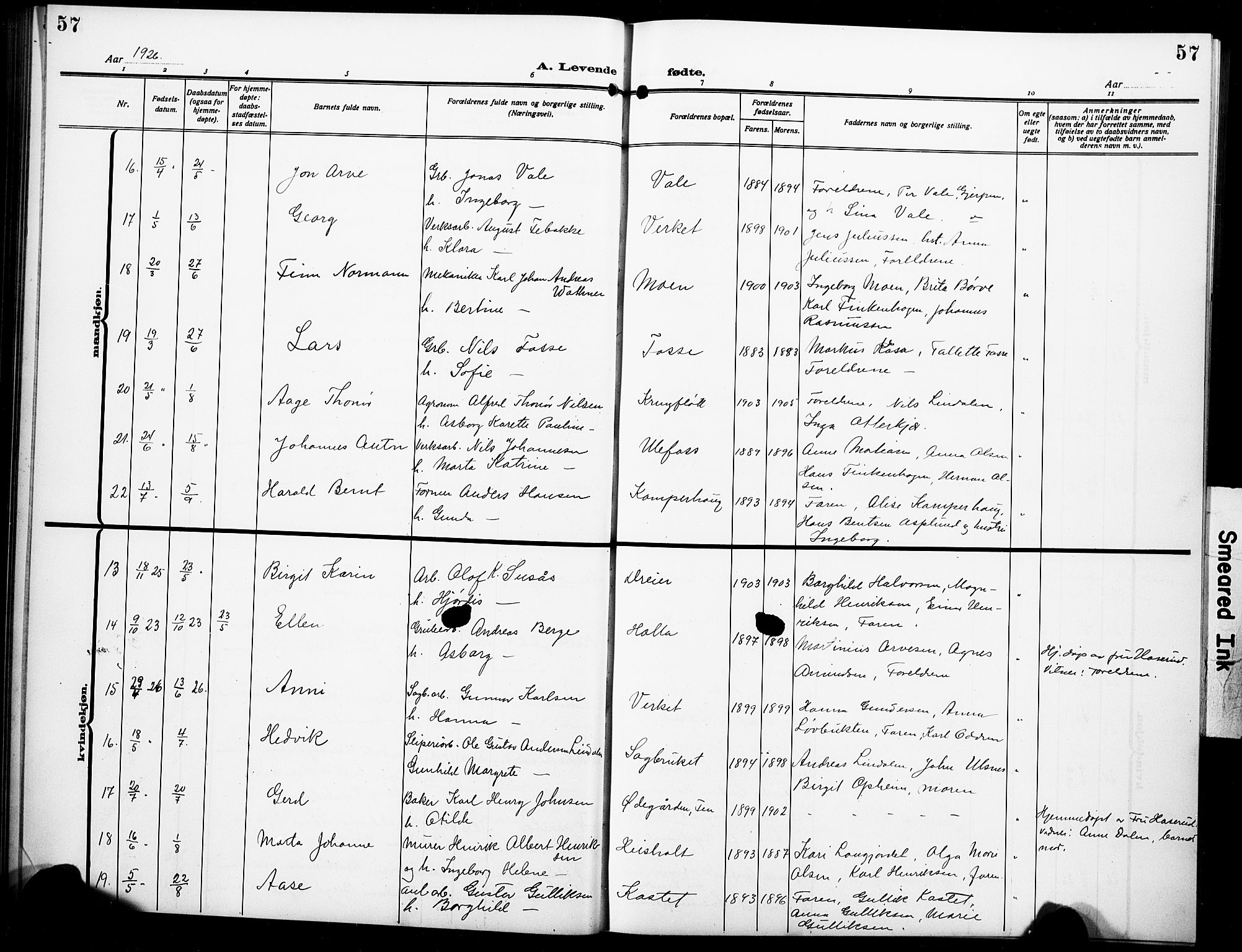 Holla kirkebøker, AV/SAKO-A-272/G/Ga/L0006: Parish register (copy) no. I 6, 1917-1928, p. 57