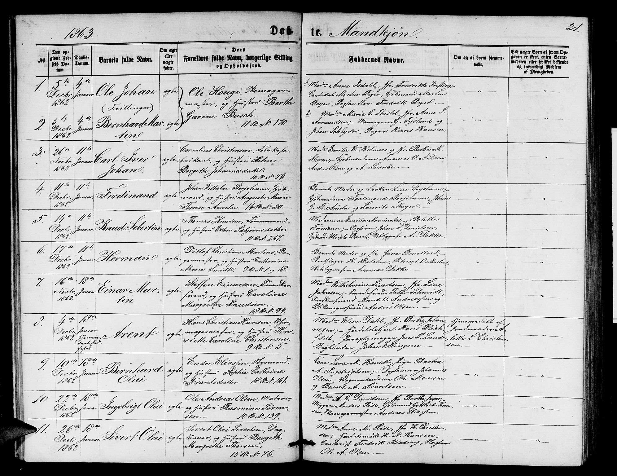 Domkirken sokneprestembete, SAB/A-74801/H/Hab/L0012: Parish register (copy) no. B 5, 1862-1869, p. 21