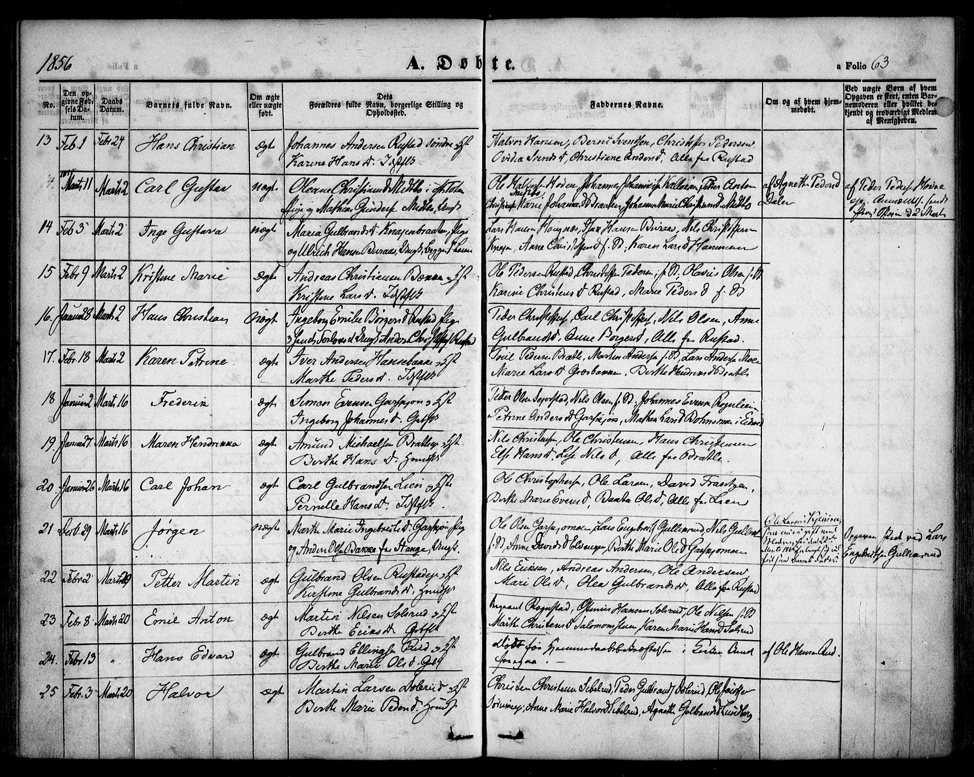 Hurdal prestekontor Kirkebøker, AV/SAO-A-10889/F/Fa/L0005: Parish register (official) no. I 5, 1846-1859, p. 63