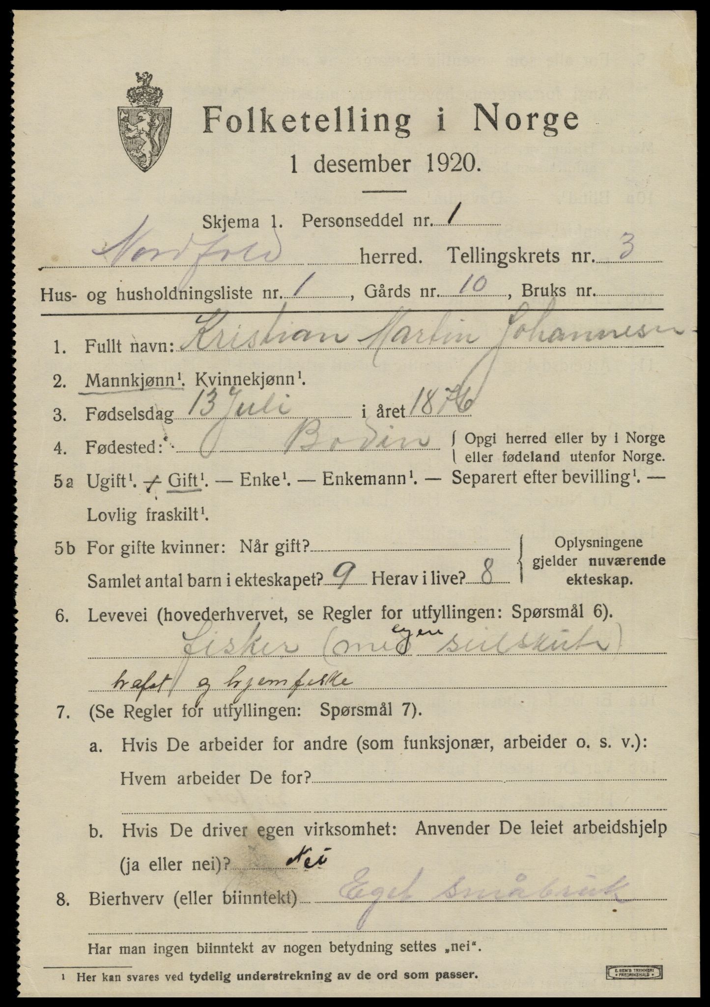 SAT, 1920 census for Nordfold, 1920, p. 1503