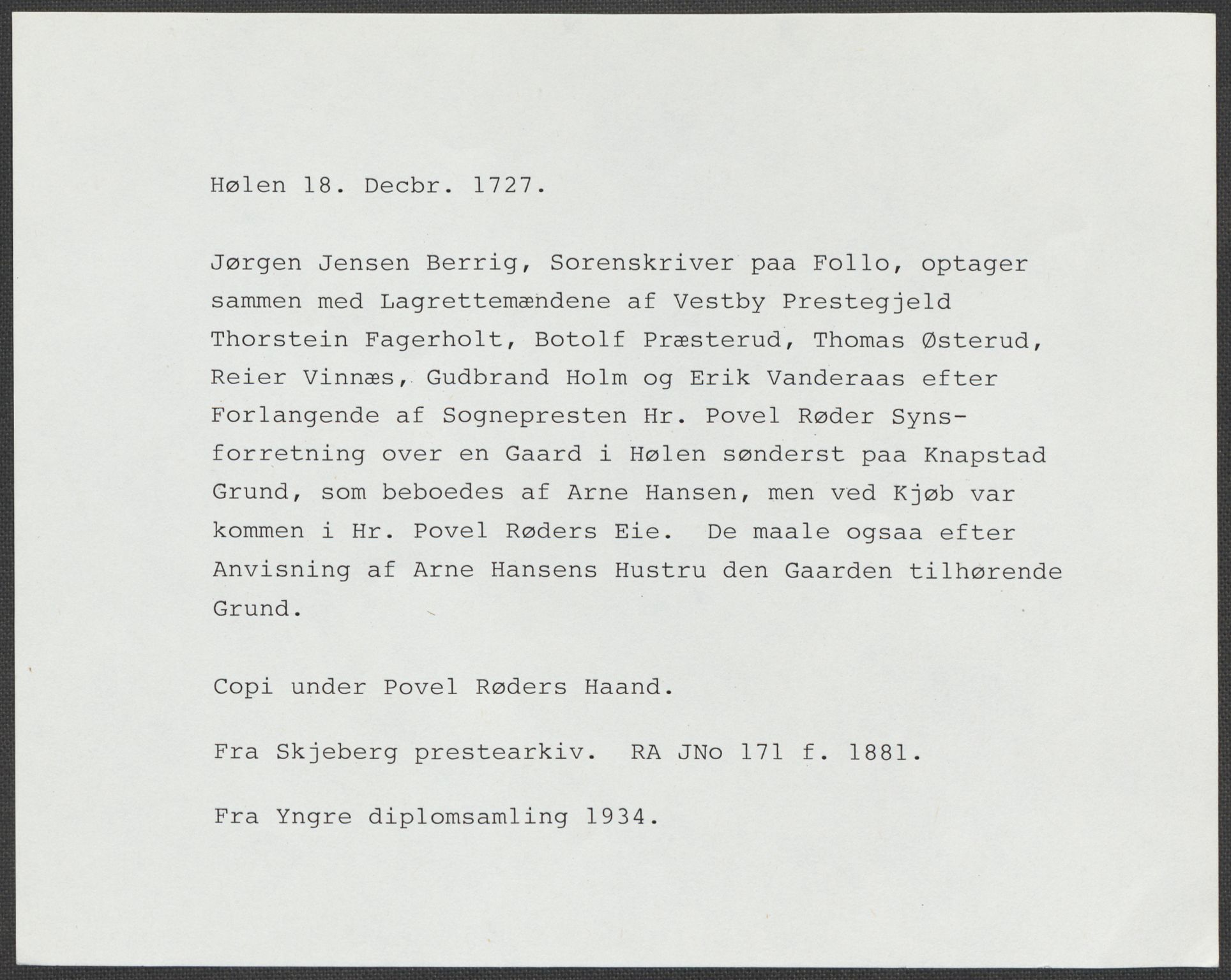 Riksarkivets diplomsamling, AV/RA-EA-5965/F15/L0001: Prestearkiv - Østfold, 1571-1795, p. 230