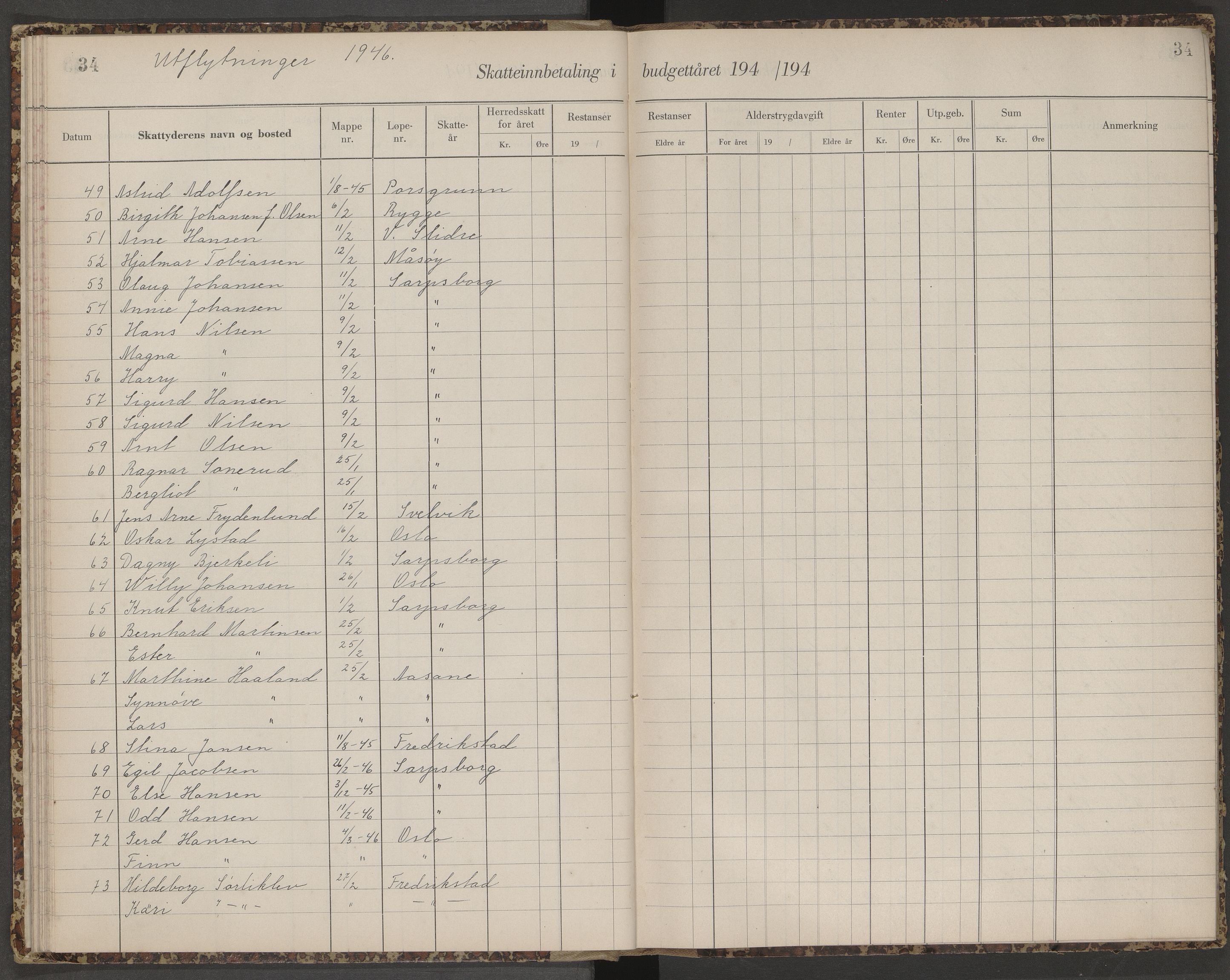 Skjeberg folkeregister, AV/SAO-A-10495/K/Ka/L0003: Fortegnelse over inn- og utflyttede, 1943-1947, p. 34