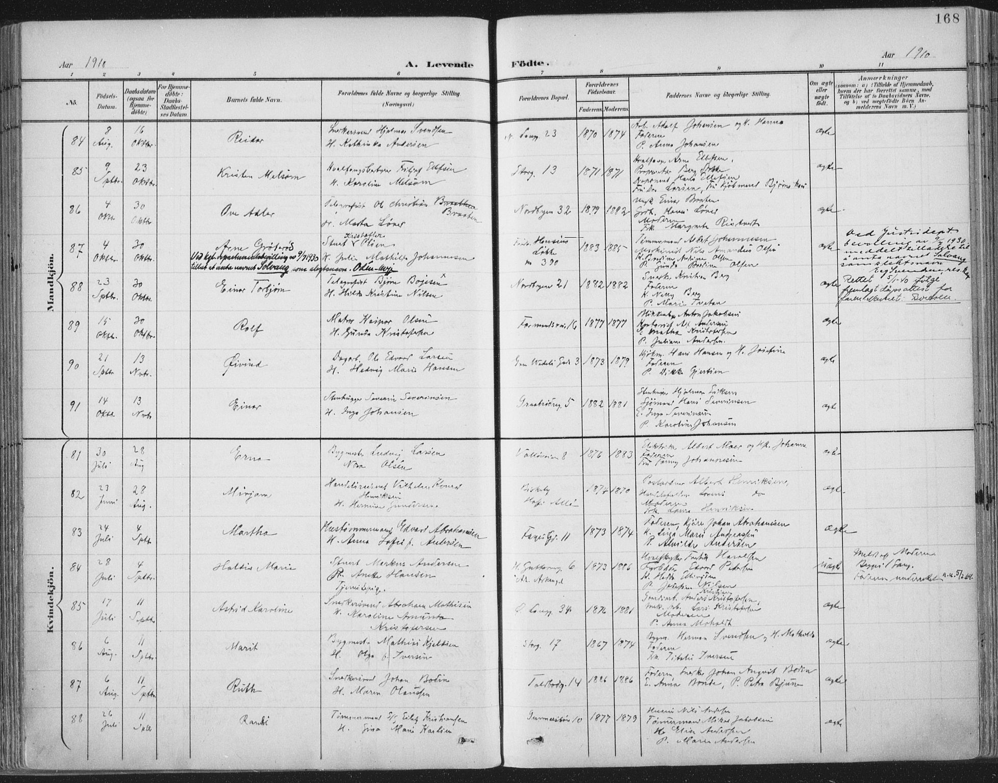 Tønsberg kirkebøker, SAKO/A-330/F/Fa/L0014: Parish register (official) no. I 14, 1900-1913, p. 168