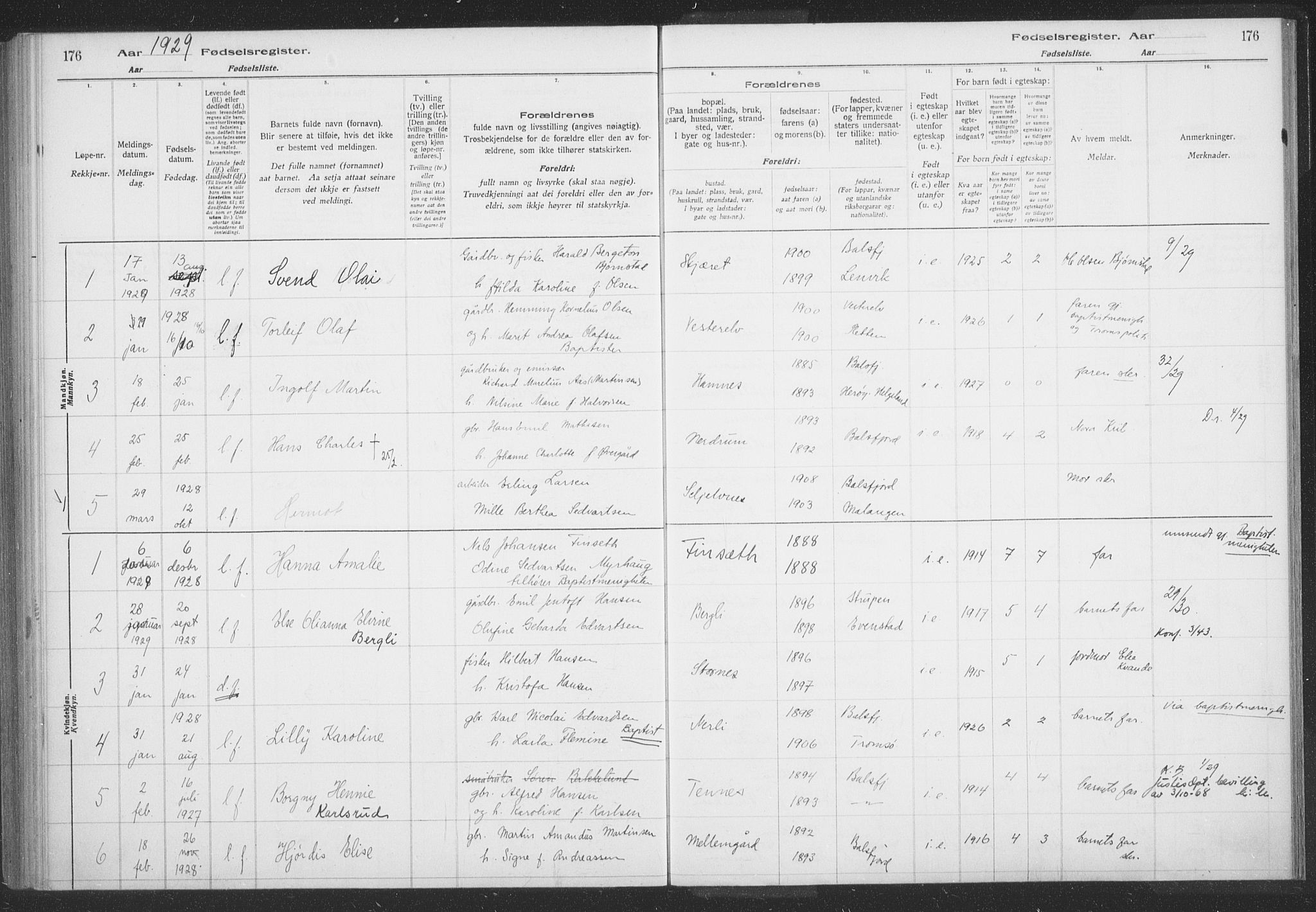 Balsfjord sokneprestembete, SATØ/S-1303/H/Hb/L0059: Birth register no. 59, 1916-1930, p. 176
