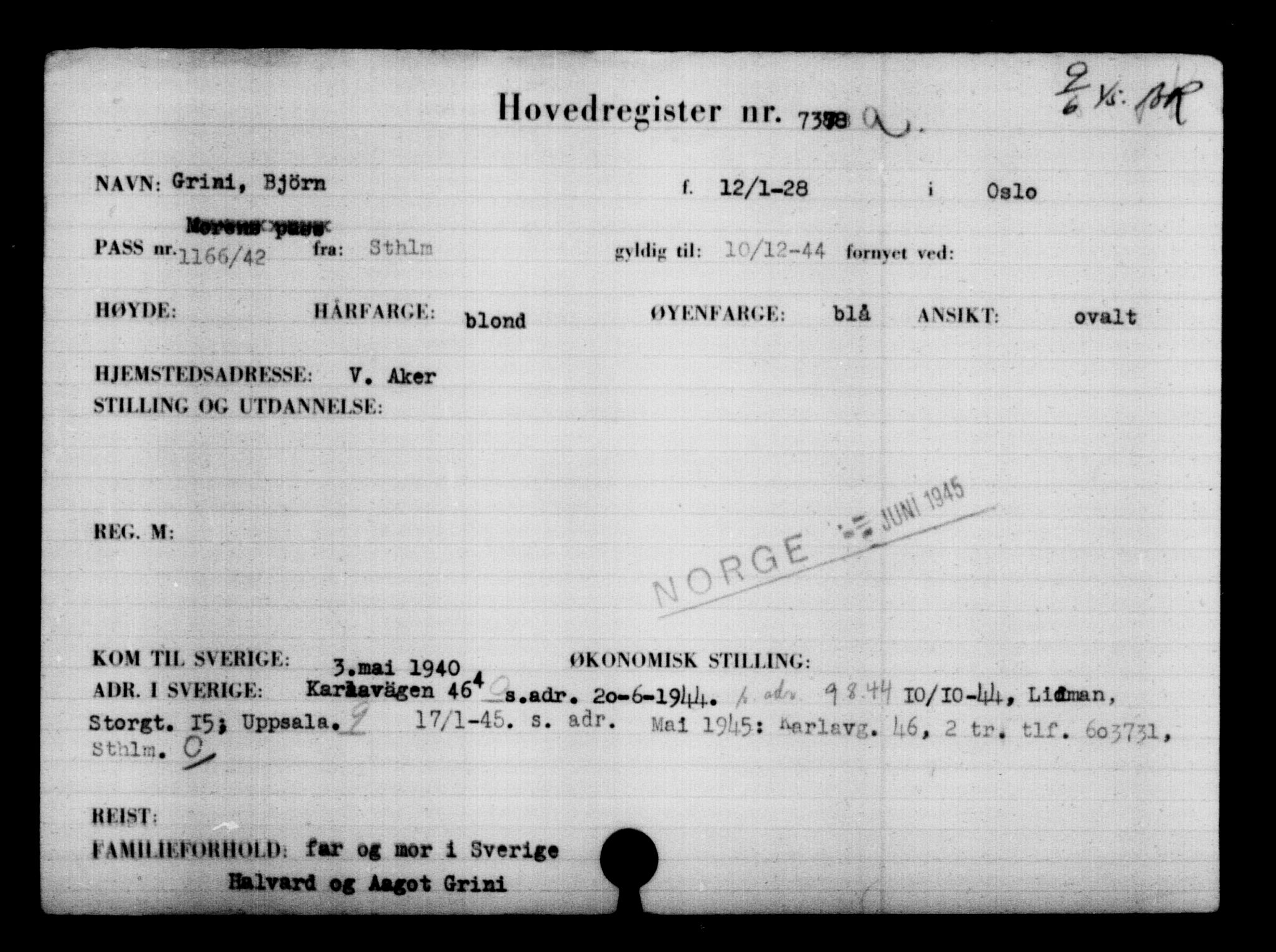 Utenriksstasjonene, Legasjonen i Stockholm, Flyktningkontoret, AV/RA-S-6753/V/Va/L0005: Kjesäterkartoteket, flyktninger med registreringsnr. 6600-9417, 1940-1945, p. 914