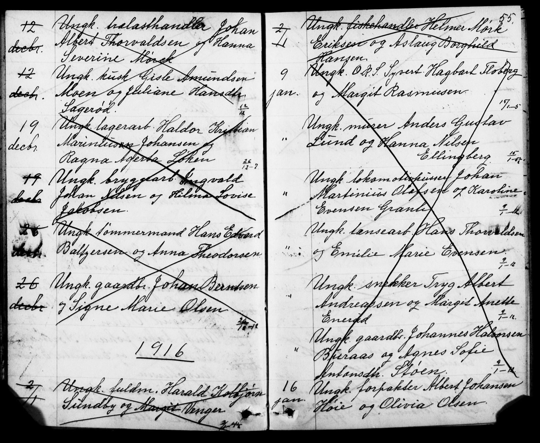 Oslo domkirke Kirkebøker, SAO/A-10752/H/Ha/L0005: Banns register no. 5, 1913-1919, p. 54-55
