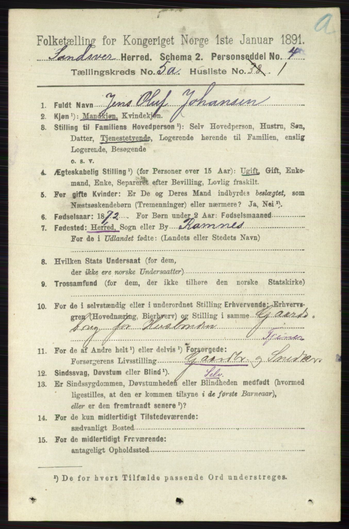 RA, 1891 census for 0629 Sandsvær, 1891, p. 2480