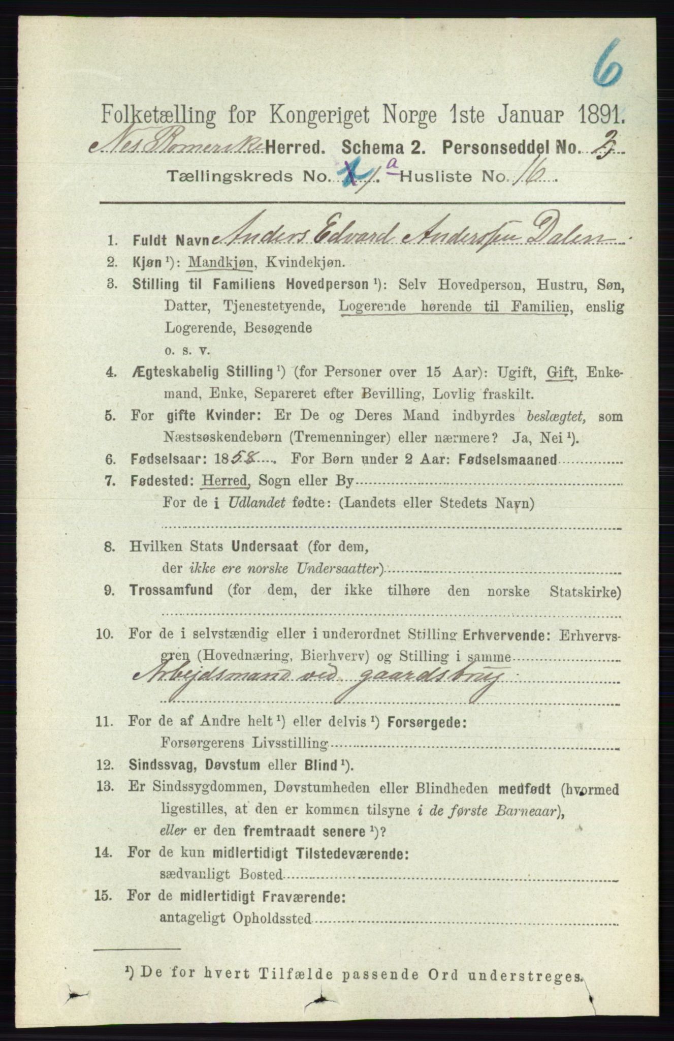 RA, 1891 census for 0236 Nes, 1891, p. 211