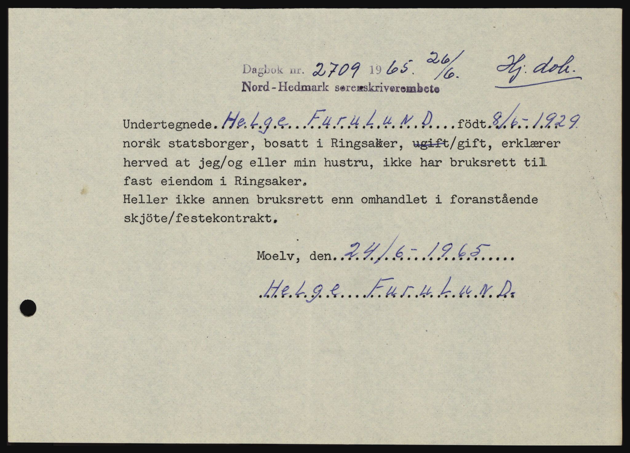 Nord-Hedmark sorenskriveri, SAH/TING-012/H/Hc/L0022: Mortgage book no. 22, 1965-1965, Diary no: : 2709/1965