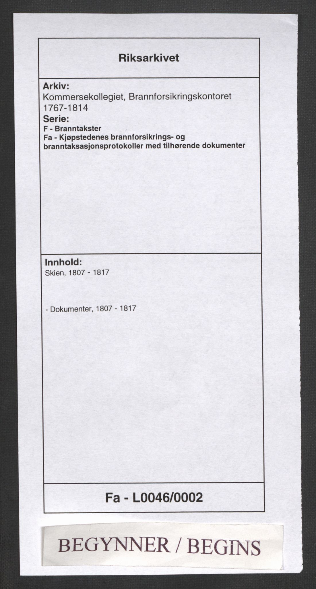 Kommersekollegiet, Brannforsikringskontoret 1767-1814, RA/EA-5458/F/Fa/L0046/0002: Skien / Dokumenter, 1807-1817