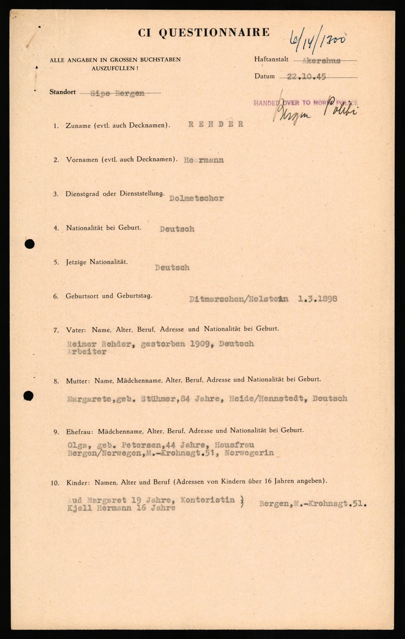 Forsvaret, Forsvarets overkommando II, AV/RA-RAFA-3915/D/Db/L0027: CI Questionaires. Tyske okkupasjonsstyrker i Norge. Tyskere., 1945-1946, p. 101