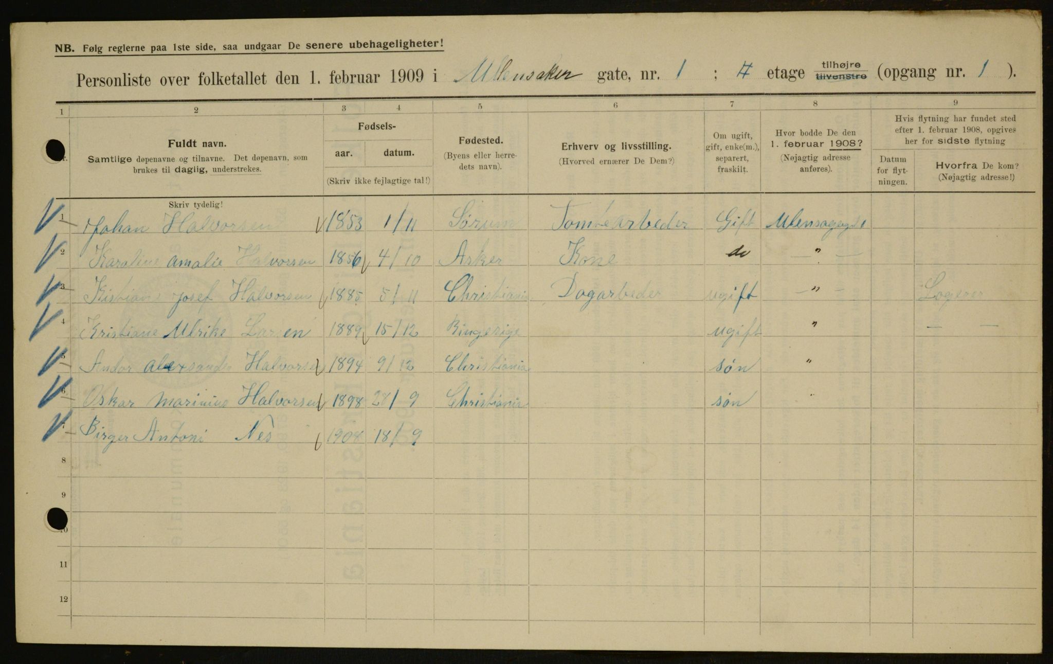 OBA, Municipal Census 1909 for Kristiania, 1909, p. 107620