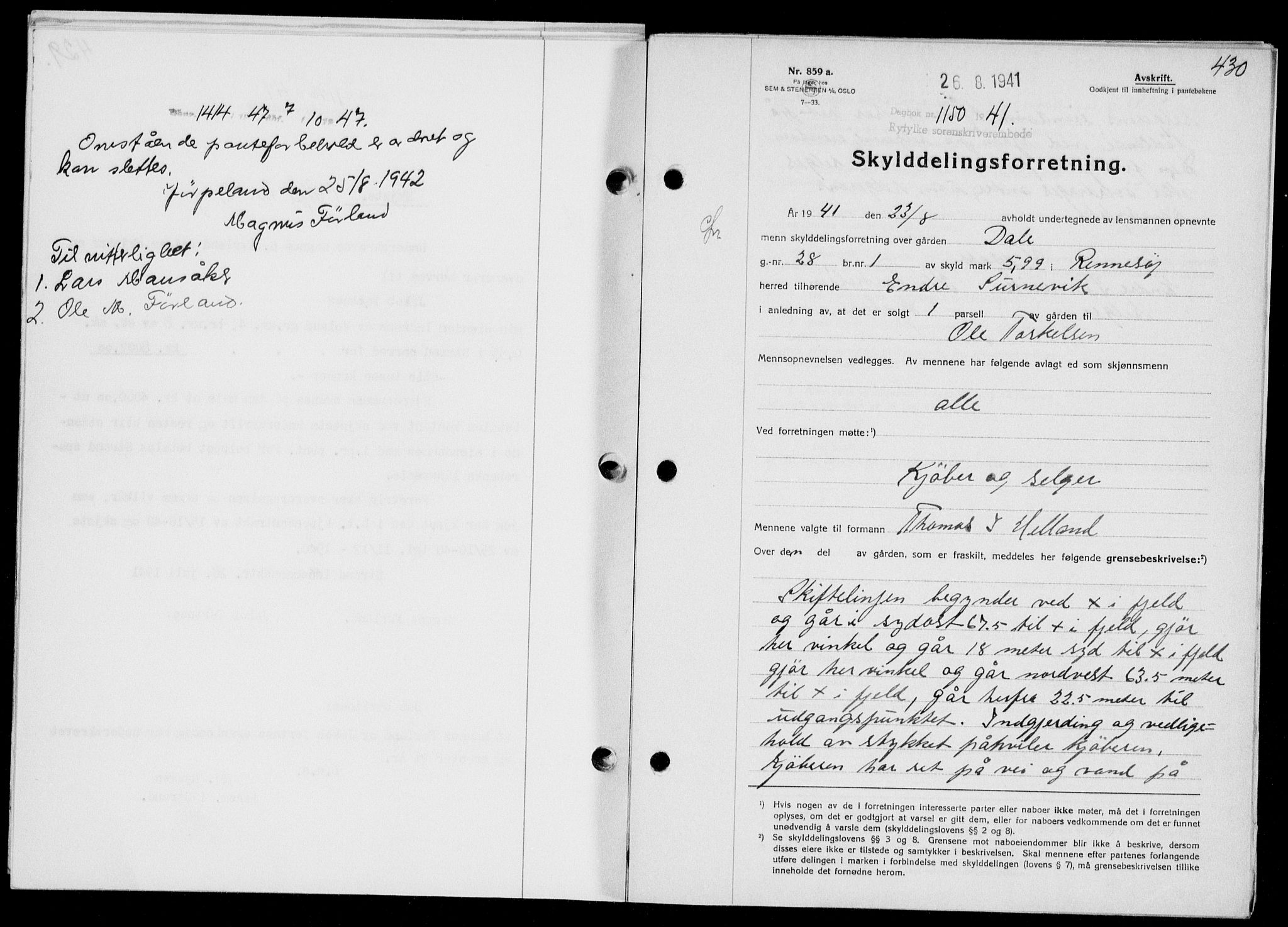 Ryfylke tingrett, SAST/A-100055/001/II/IIB/L0085: Mortgage book no. 64, 1941-1941, Diary no: : 1150/1941