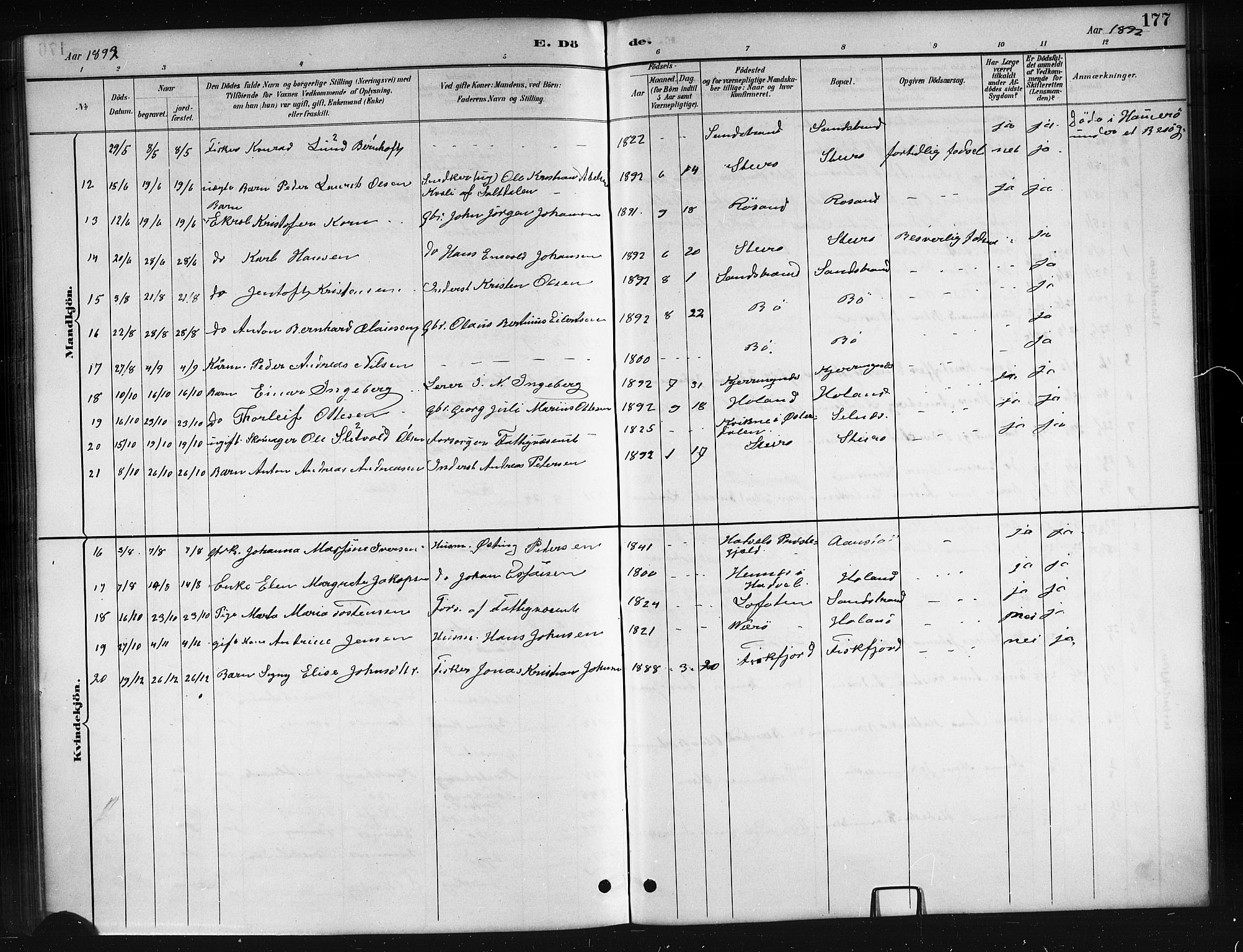 Ministerialprotokoller, klokkerbøker og fødselsregistre - Nordland, AV/SAT-A-1459/895/L1382: Parish register (copy) no. 895C04, 1885-1896, p. 177