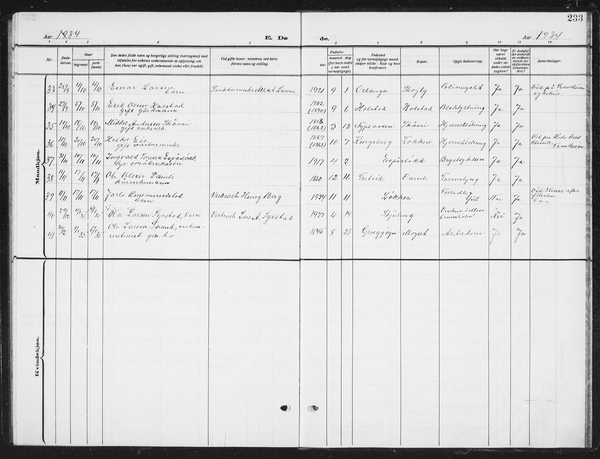 Ministerialprotokoller, klokkerbøker og fødselsregistre - Sør-Trøndelag, SAT/A-1456/672/L0866: Parish register (copy) no. 672C05, 1929-1939, p. 233