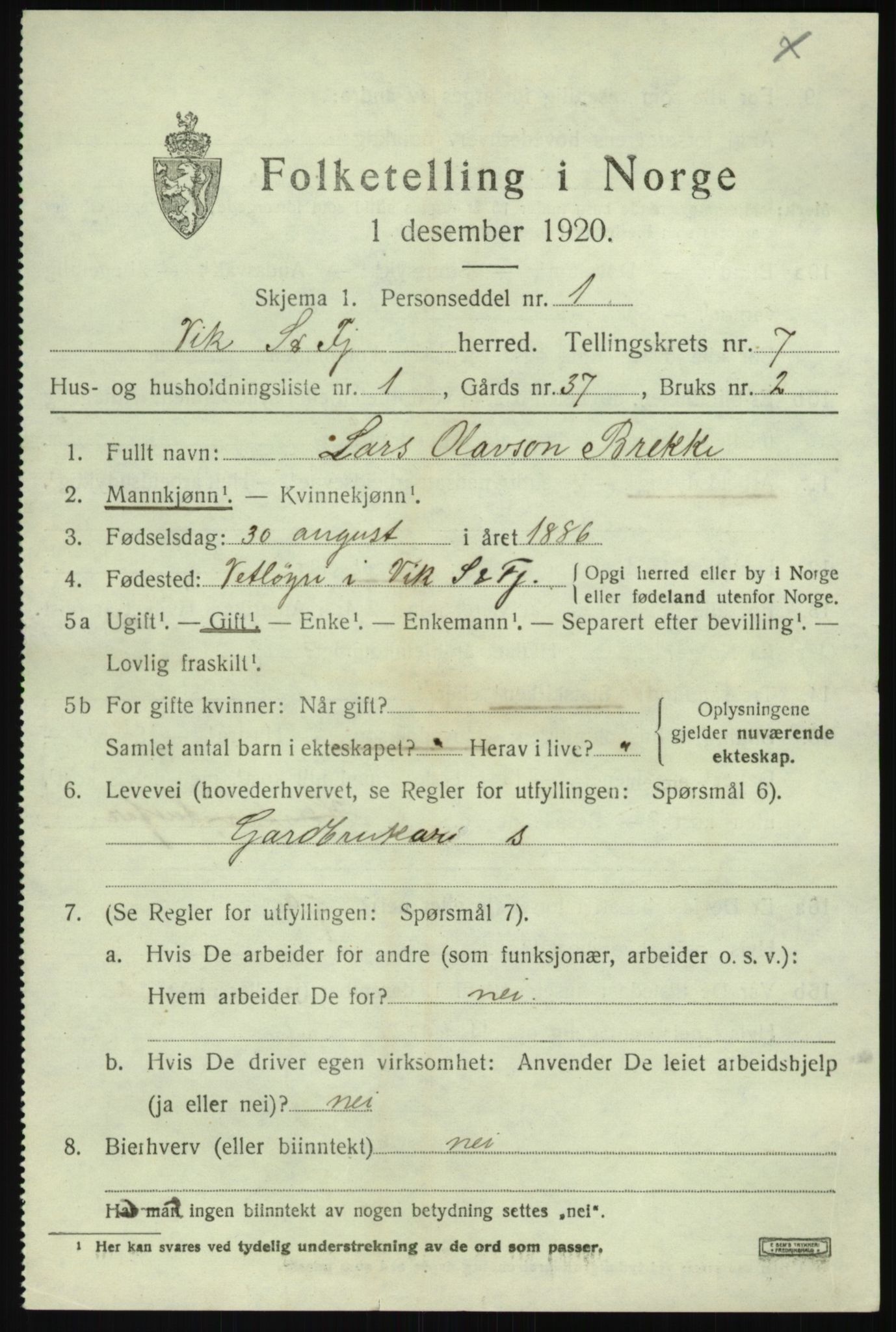 SAB, 1920 census for Vik, 1920, p. 4791