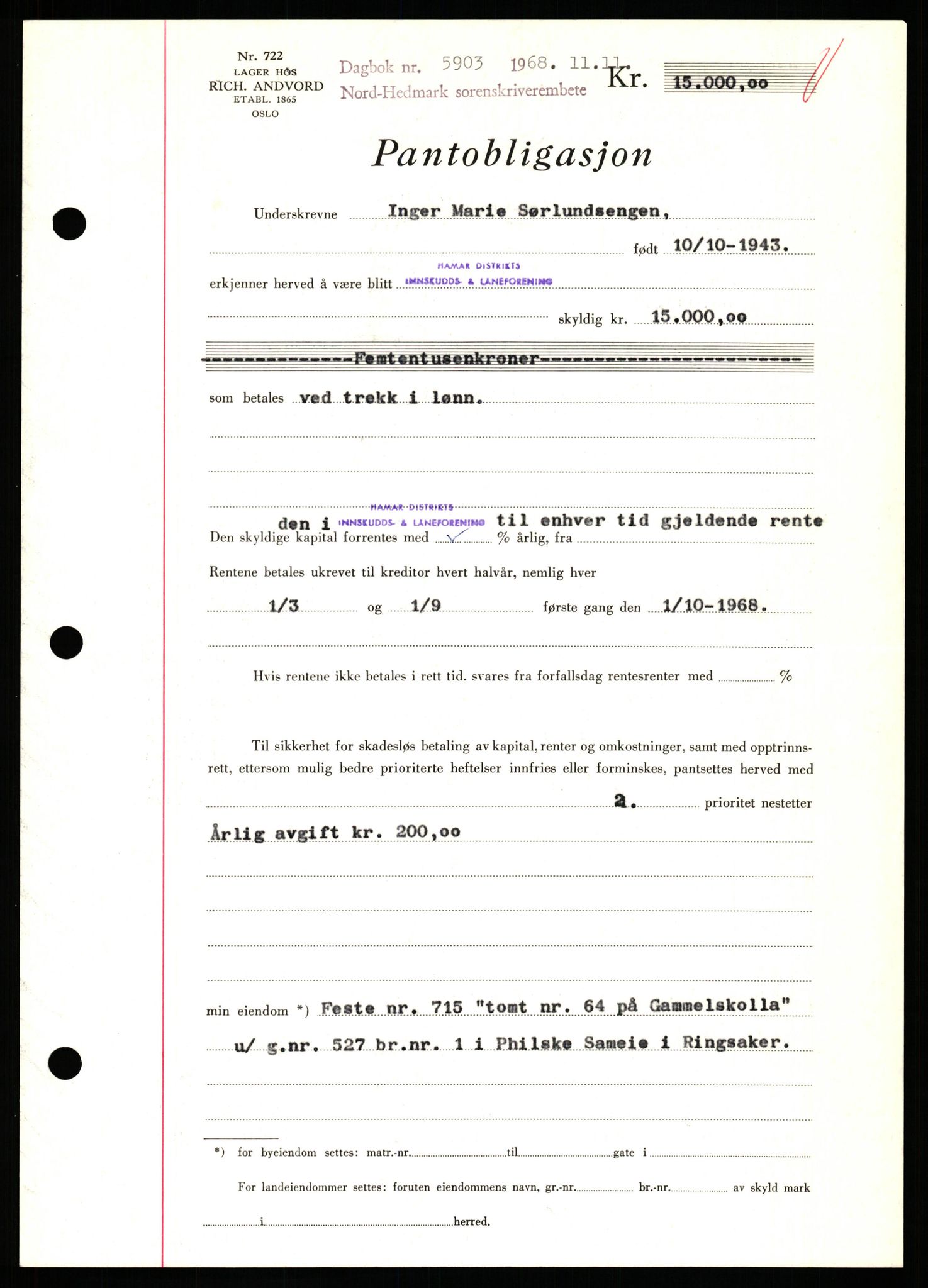 Nord-Hedmark sorenskriveri, SAH/TING-012/H/Hb/Hbf/L0077: Mortgage book no. B77, 1968-1969, Diary no: : 5903/1968