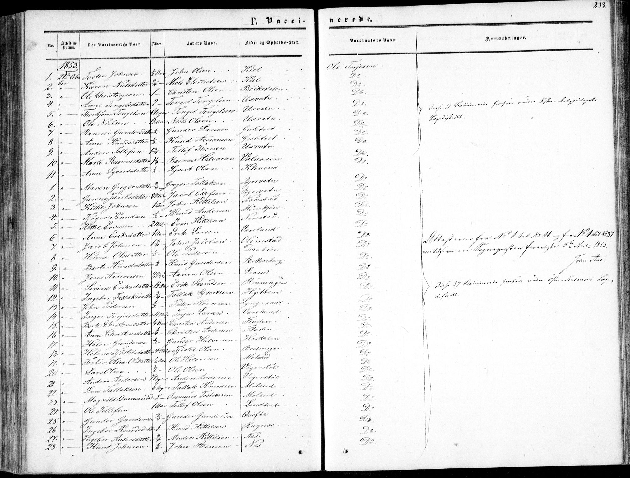 Gjerstad sokneprestkontor, SAK/1111-0014/F/Fa/Fab/L0003: Parish register (official) no. A 3, 1853-1878, p. 233
