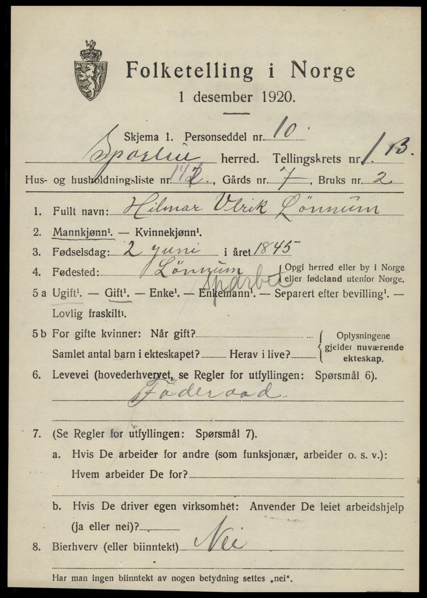 SAT, 1920 census for Sparbu, 1920, p. 2131