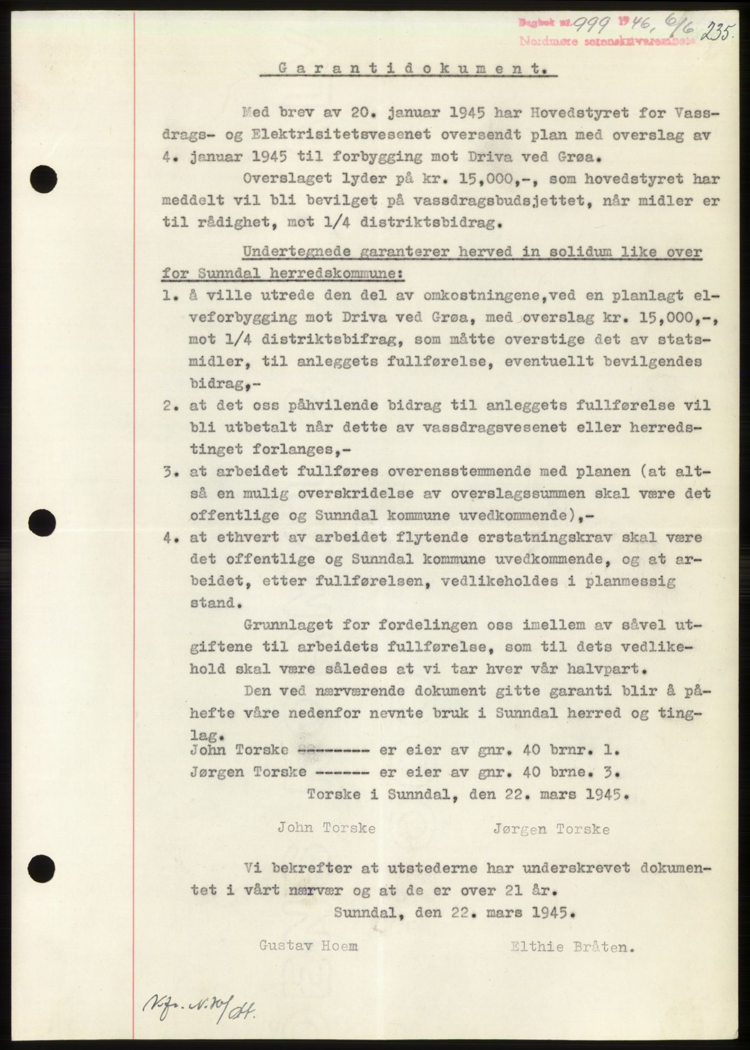 Nordmøre sorenskriveri, AV/SAT-A-4132/1/2/2Ca: Mortgage book no. B94, 1946-1946, Diary no: : 999/1946