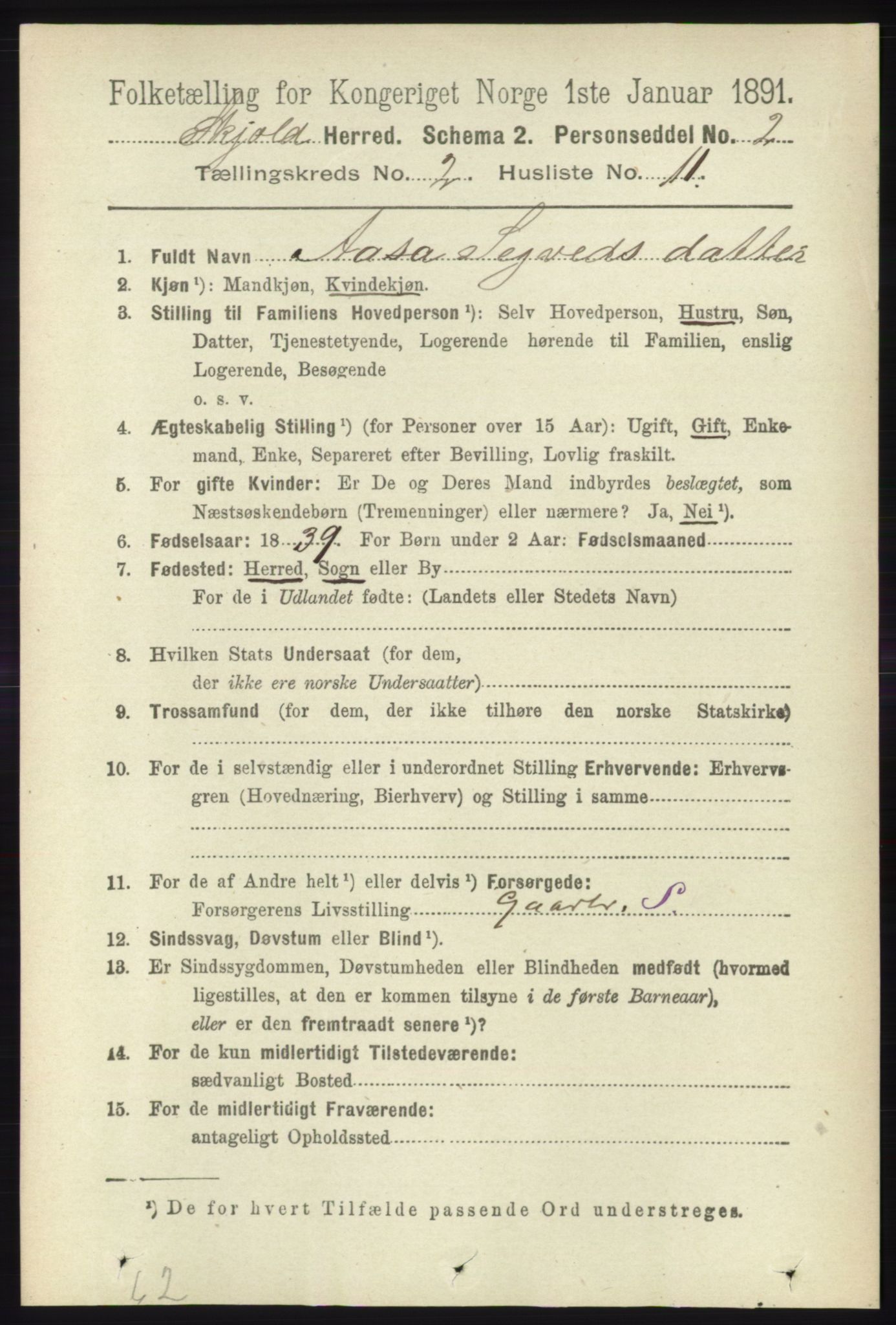 RA, 1891 census for 1154 Skjold, 1891, p. 330