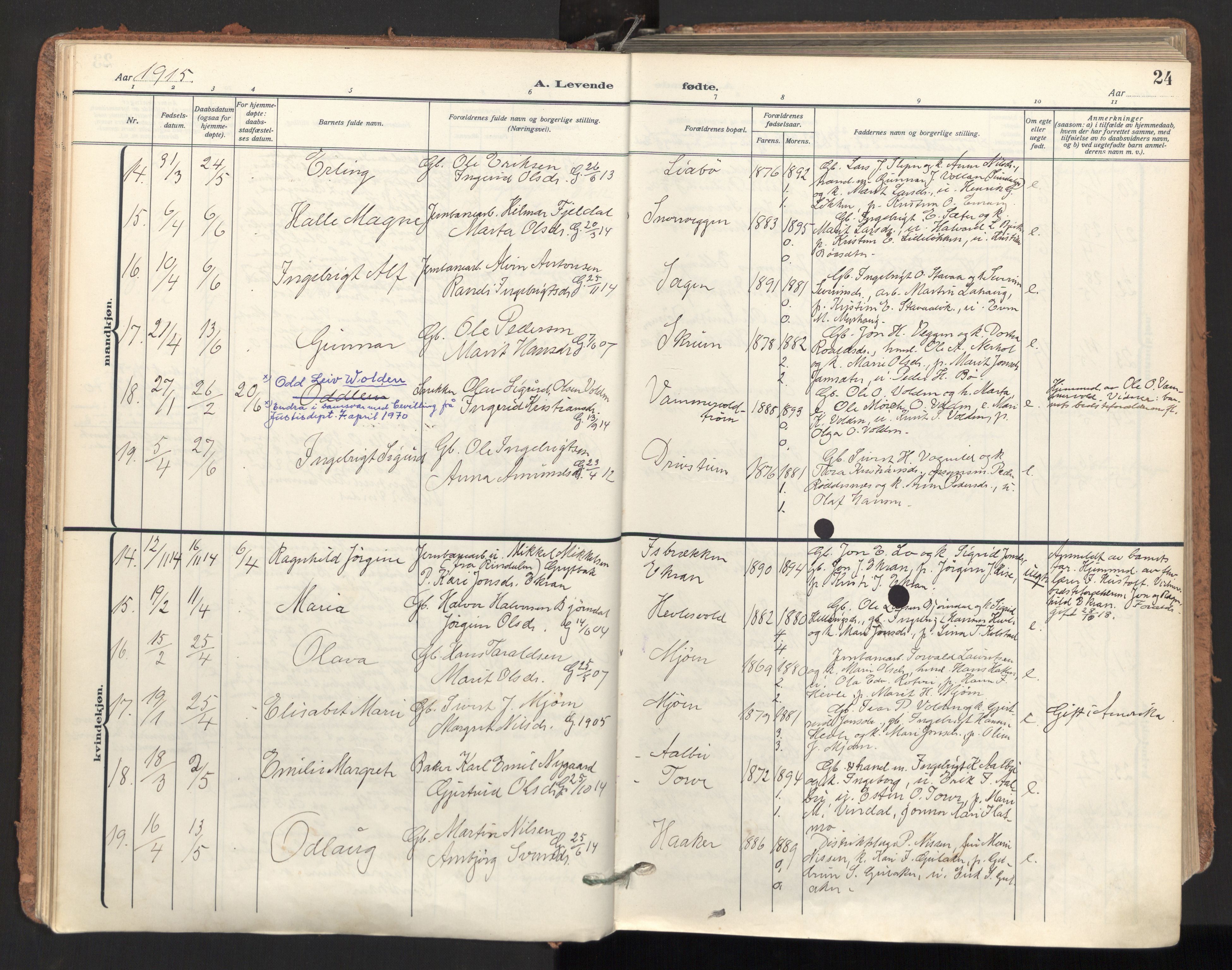 Ministerialprotokoller, klokkerbøker og fødselsregistre - Sør-Trøndelag, AV/SAT-A-1456/678/L0909: Parish register (official) no. 678A17, 1912-1930, p. 24