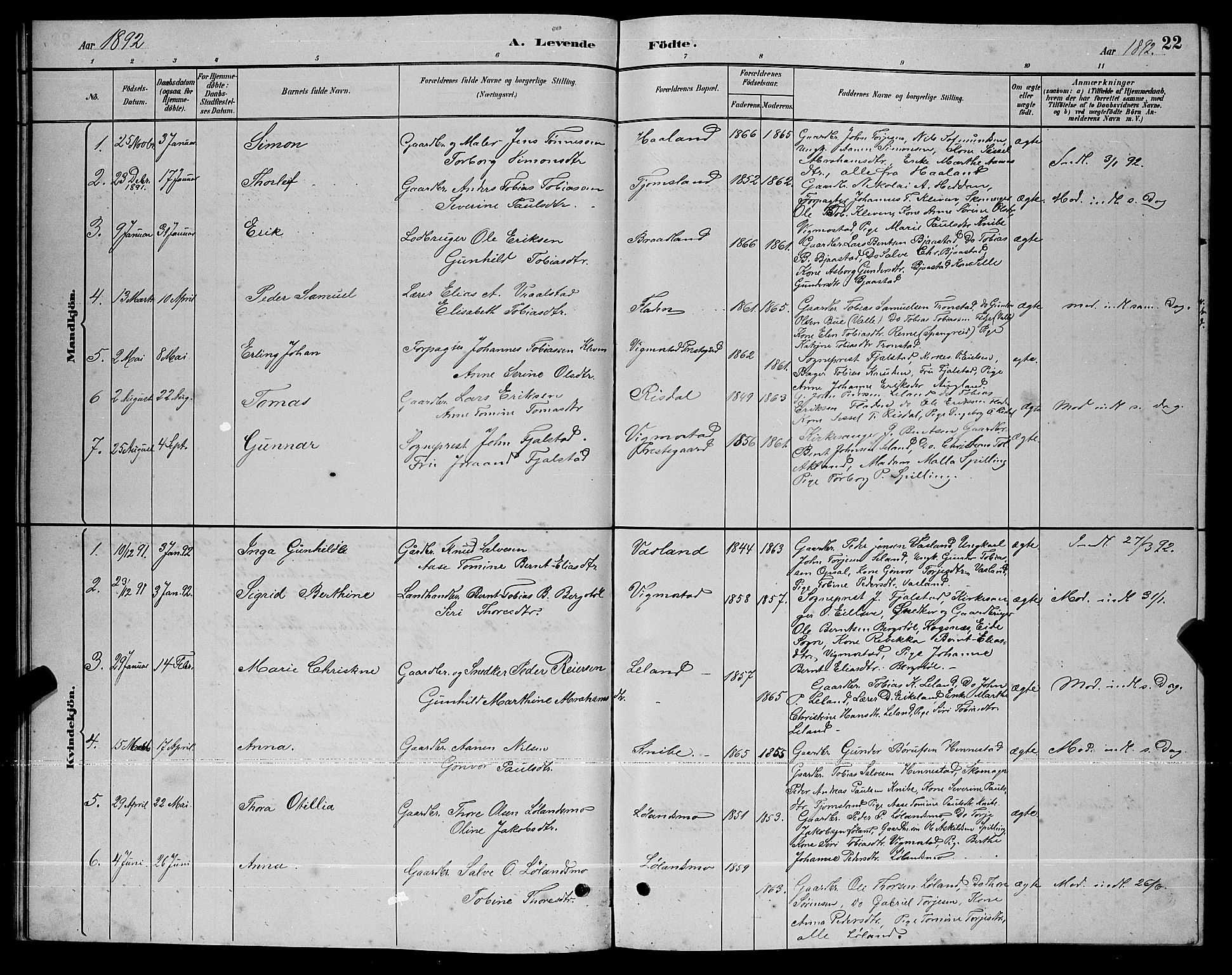 Nord-Audnedal sokneprestkontor, AV/SAK-1111-0032/F/Fb/Fbb/L0003: Parish register (copy) no. B 3, 1882-1900, p. 22