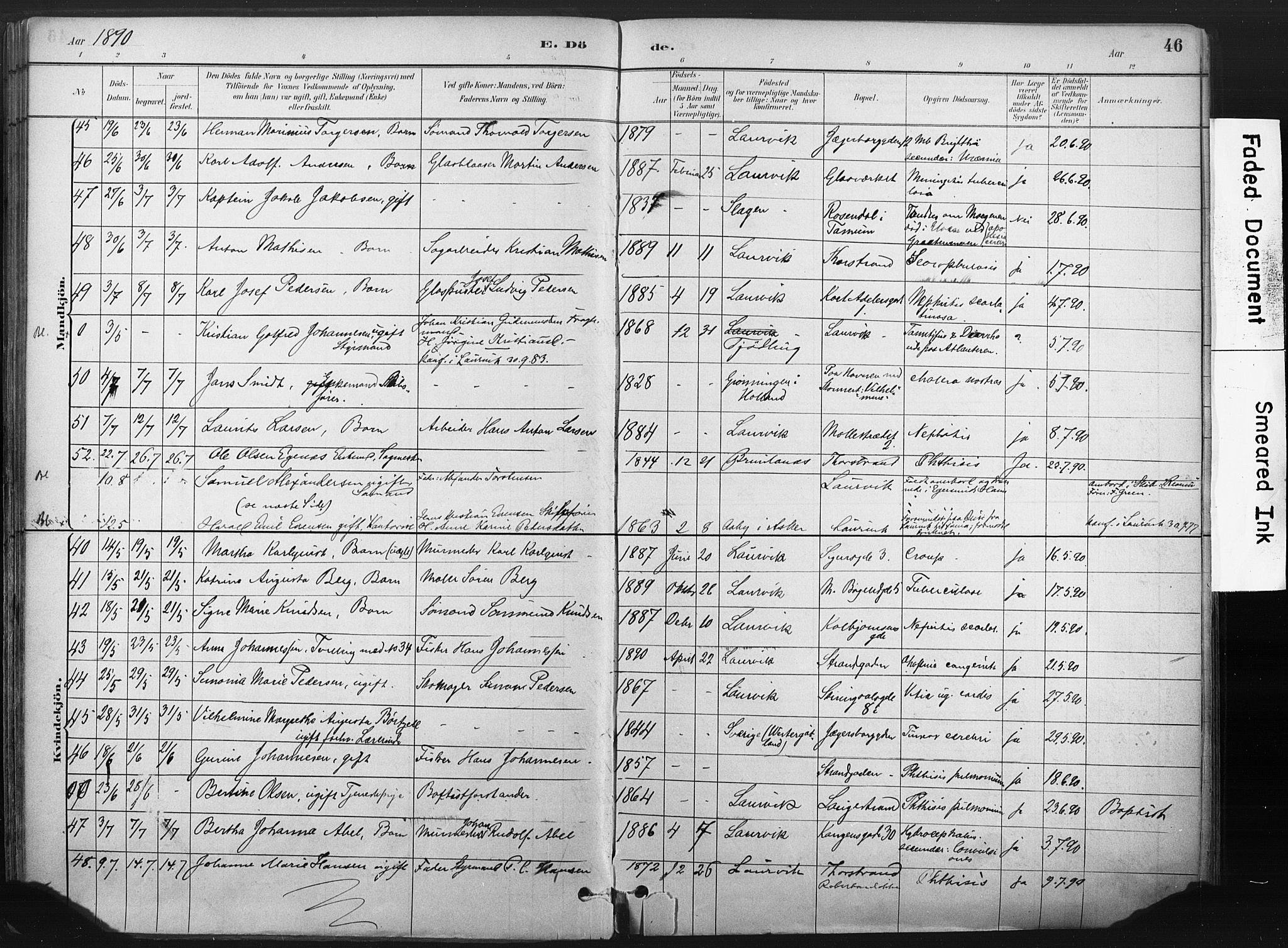 Larvik kirkebøker, AV/SAKO-A-352/F/Fa/L0010: Parish register (official) no. I 10, 1884-1910, p. 46