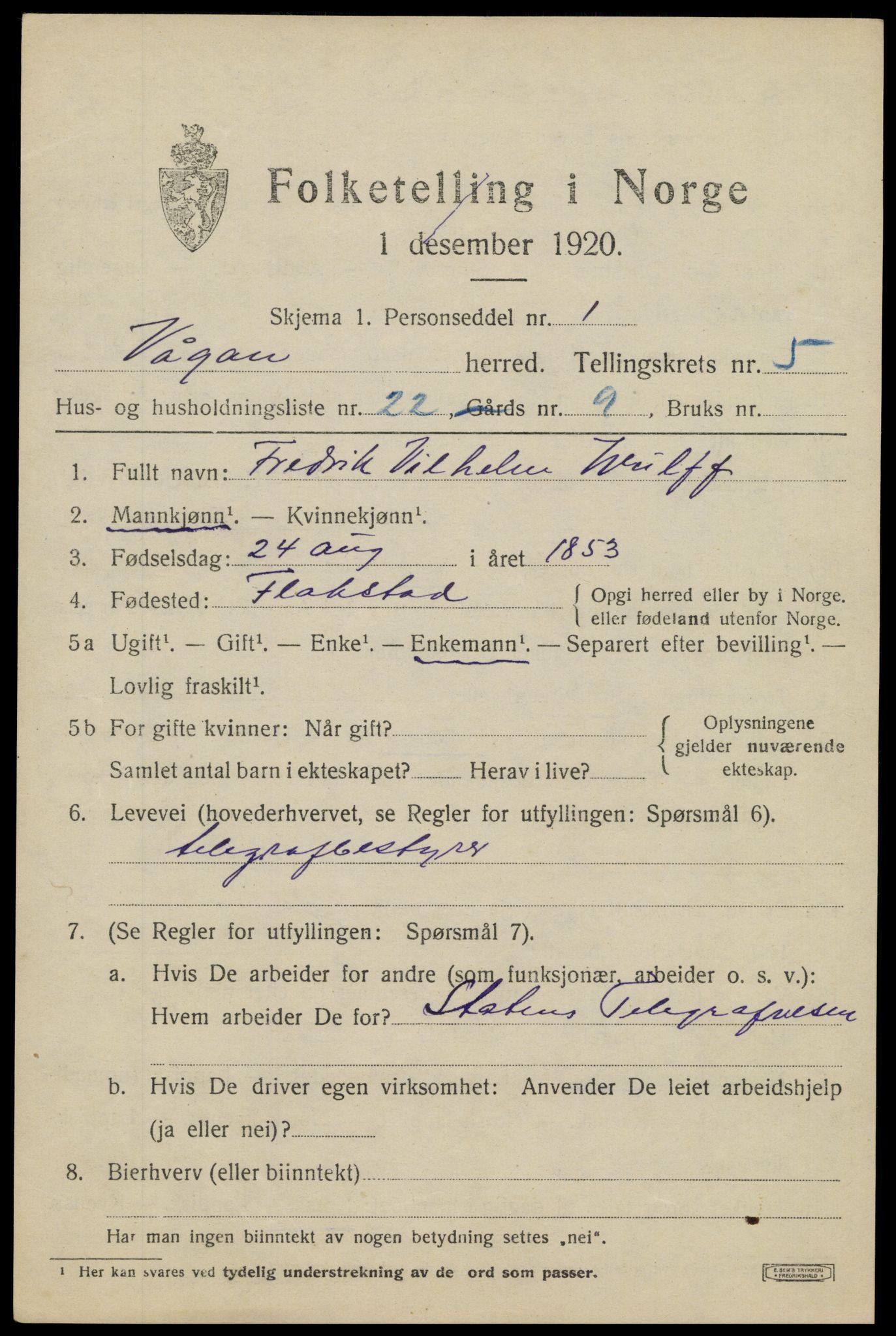 SAT, 1920 census for Vågan, 1920, p. 5415