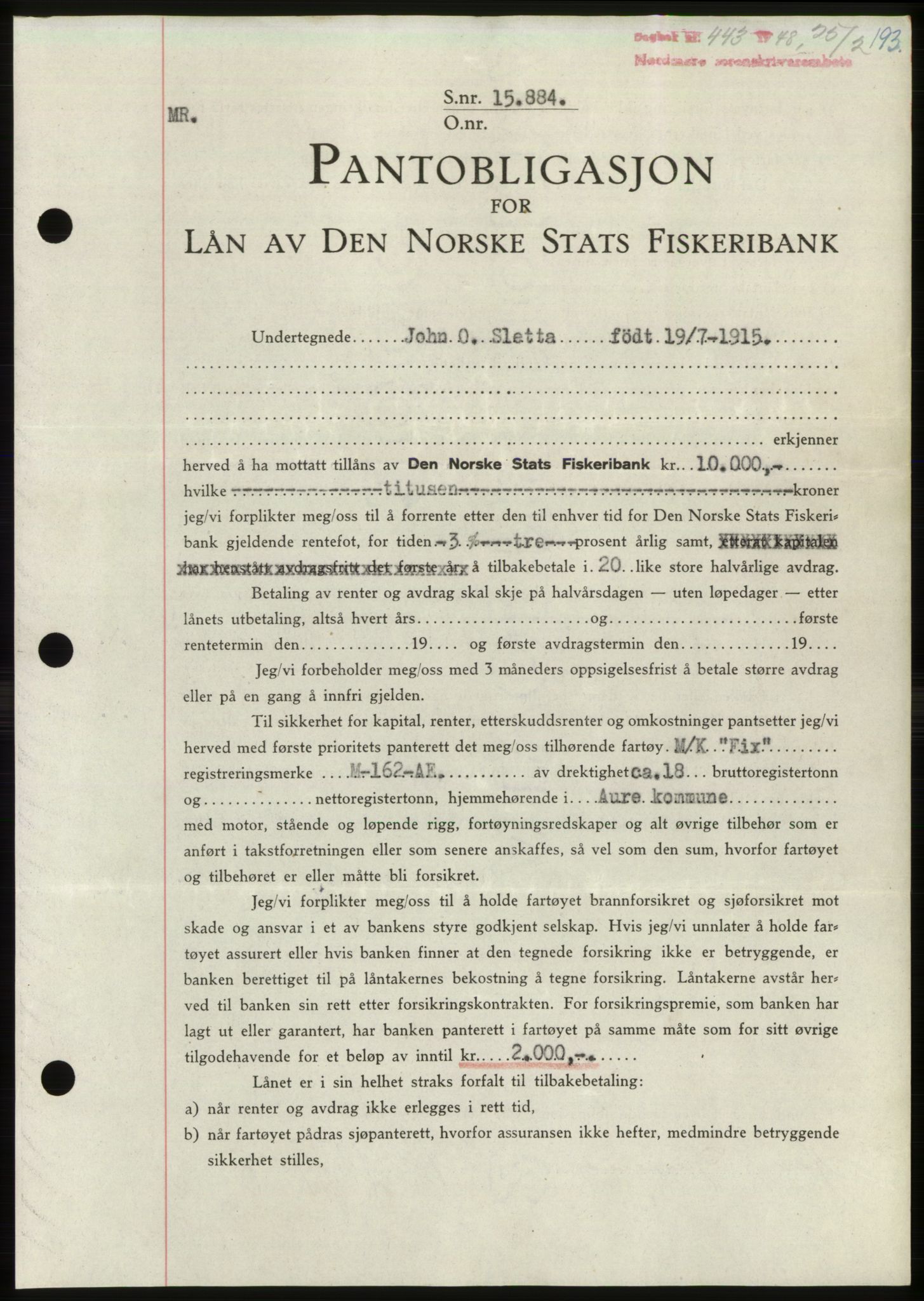 Nordmøre sorenskriveri, AV/SAT-A-4132/1/2/2Ca: Mortgage book no. B98, 1948-1948, Diary no: : 443/1948