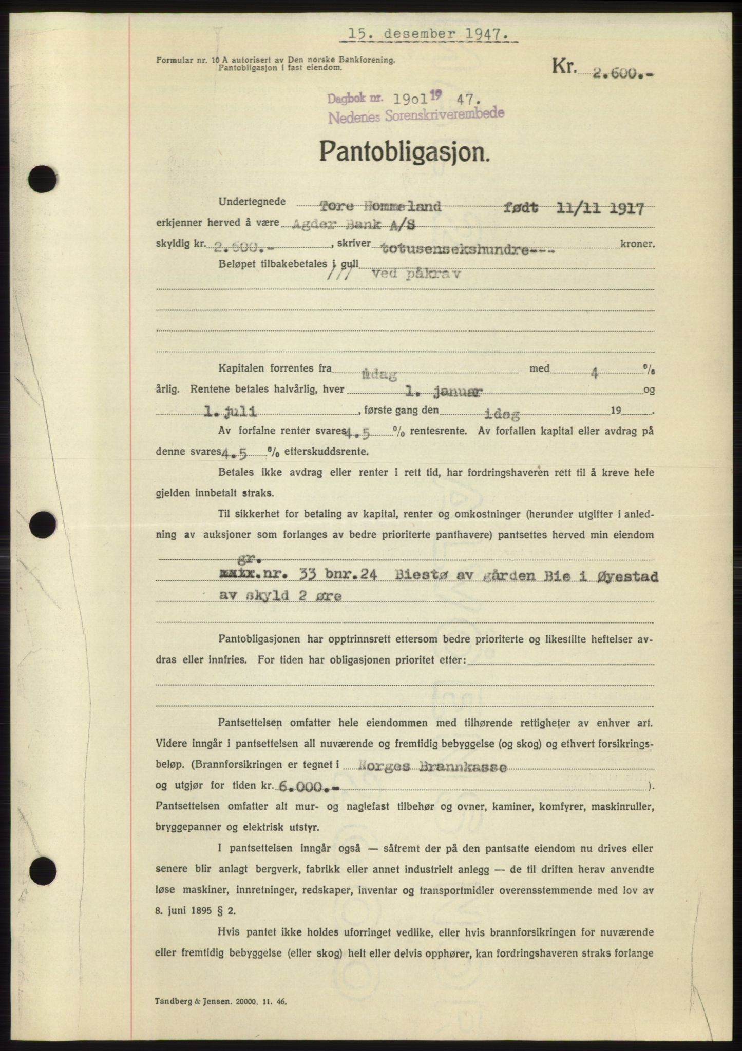 Nedenes sorenskriveri, AV/SAK-1221-0006/G/Gb/Gbb/L0004: Mortgage book no. B4, 1947-1947, Diary no: : 1901/1947