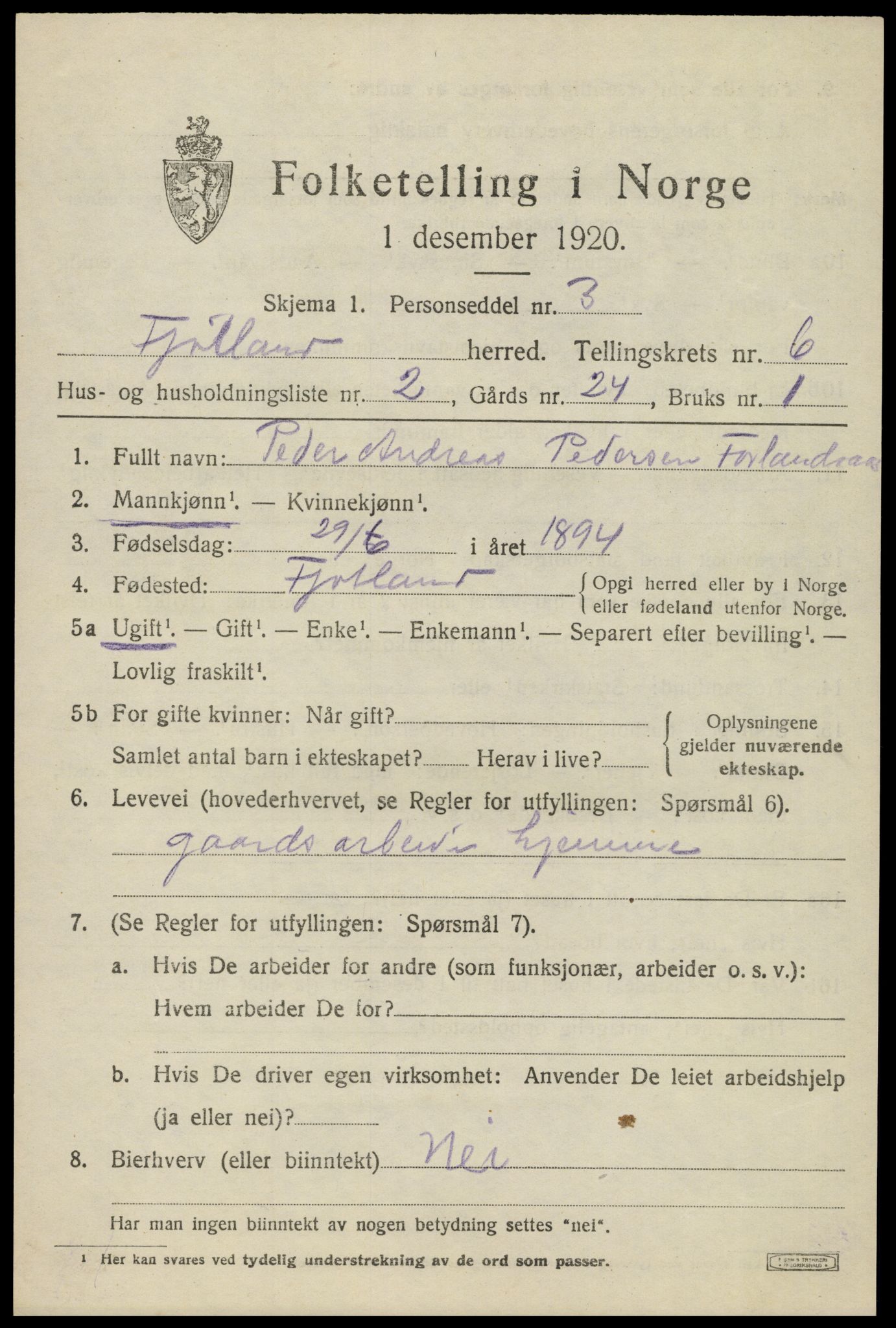 SAK, 1920 census for Fjotland, 1920, p. 1622