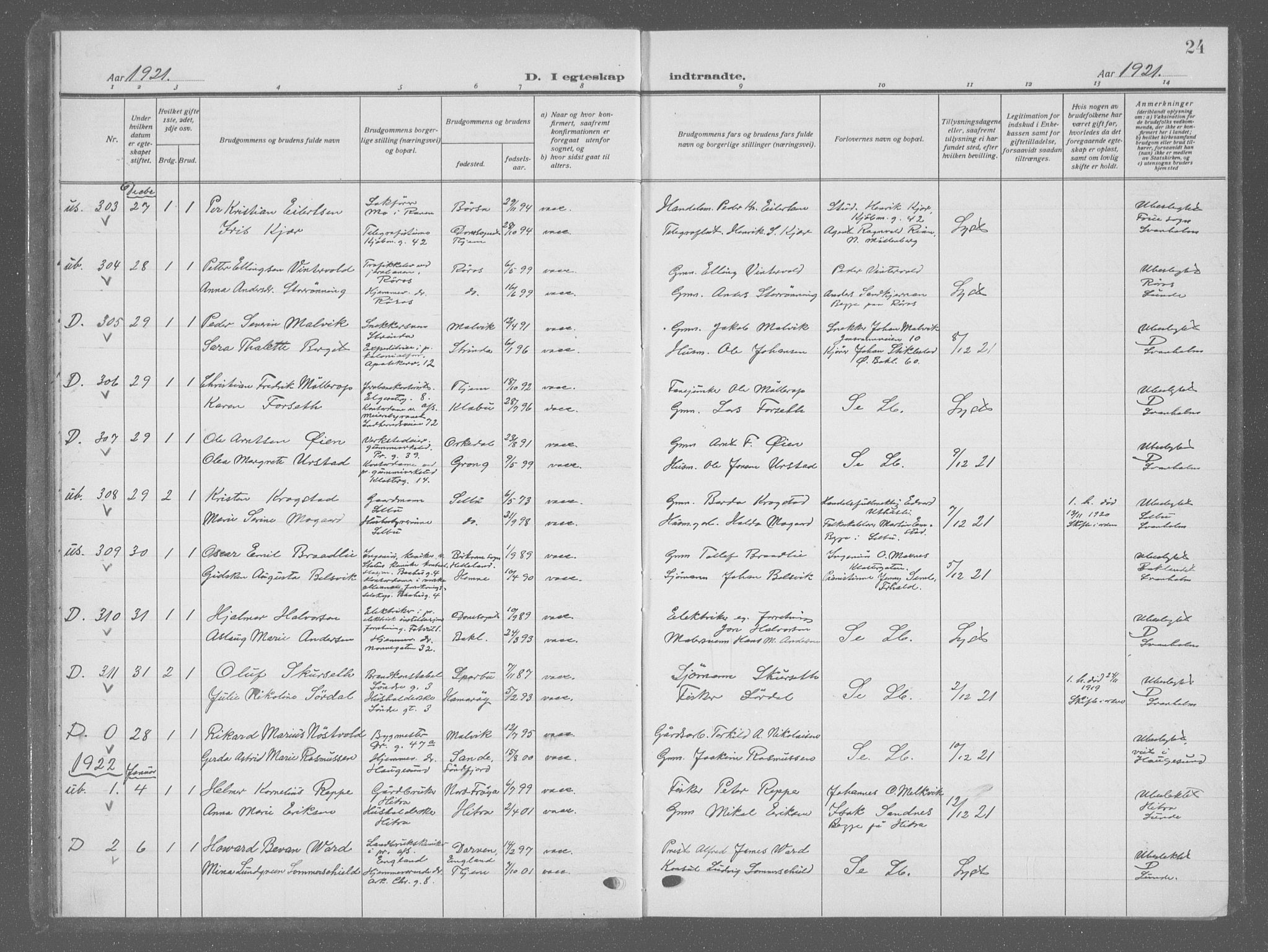 Ministerialprotokoller, klokkerbøker og fødselsregistre - Sør-Trøndelag, SAT/A-1456/601/L0098: Parish register (copy) no. 601C16, 1921-1934, p. 24