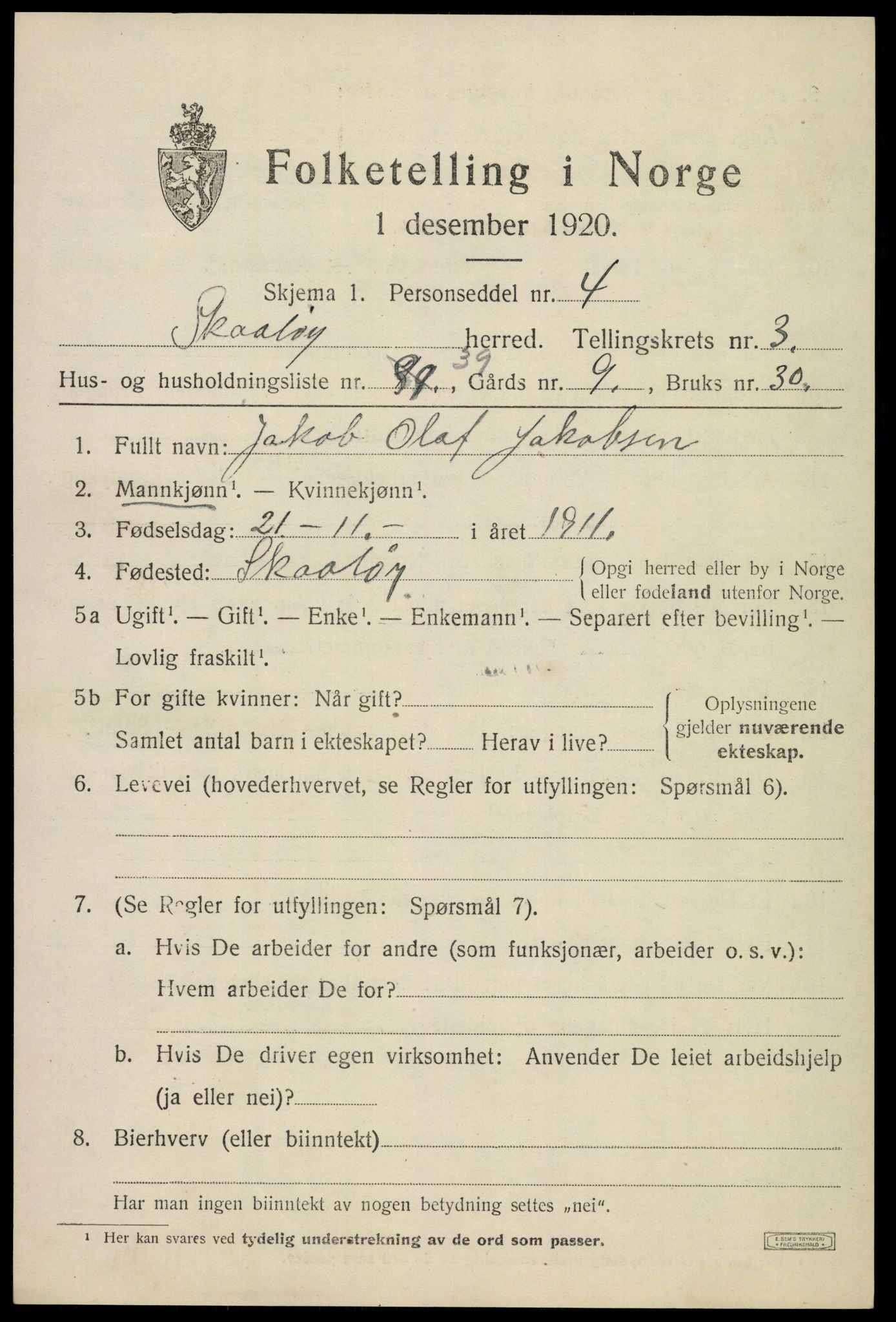 SAKO, 1920 census for Skåtøy, 1920, p. 3110