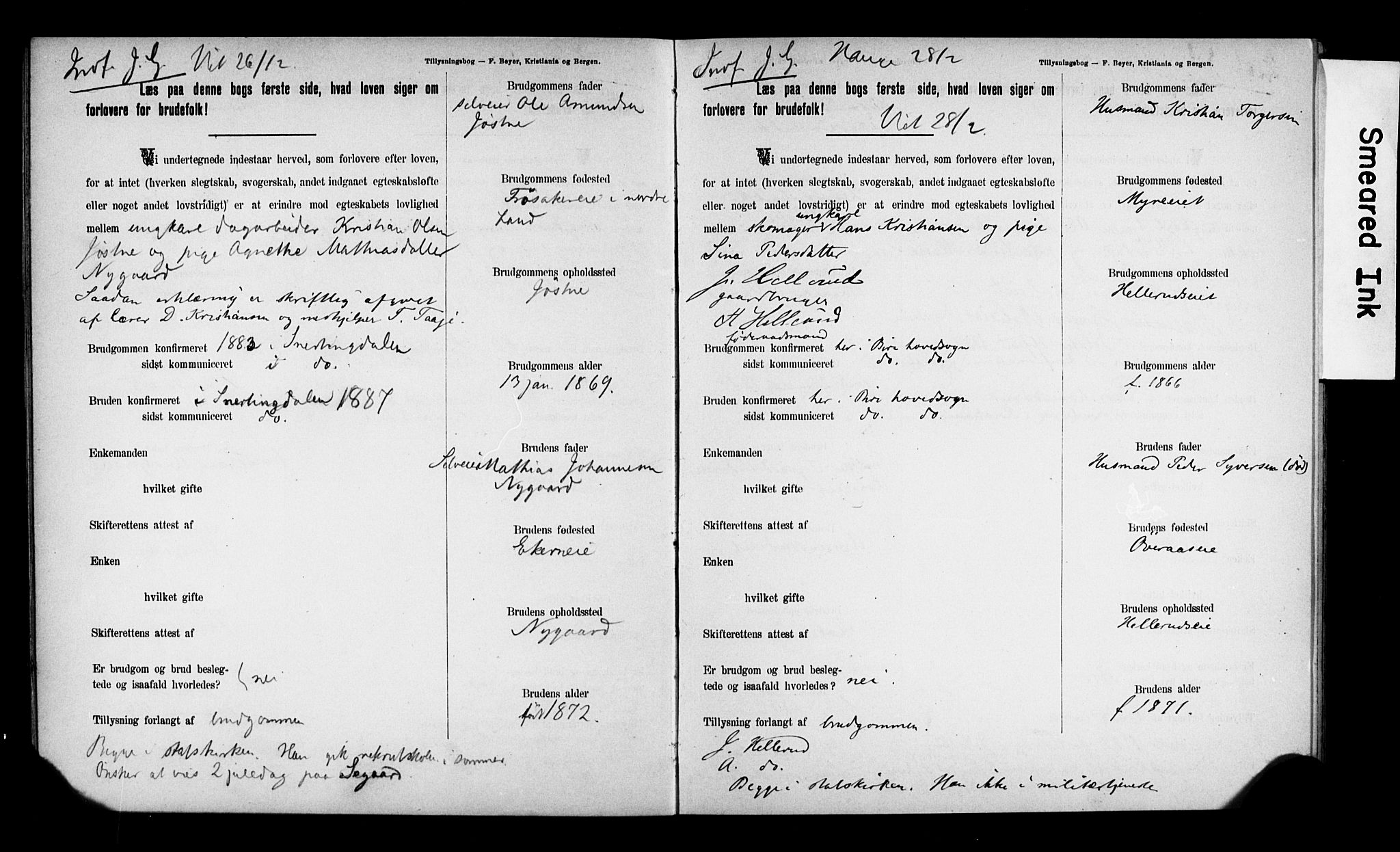 Biri prestekontor, SAH/PREST-096/I/Ie/Iea/L0001/0001: Banns register no. 1.1, 1892-1896