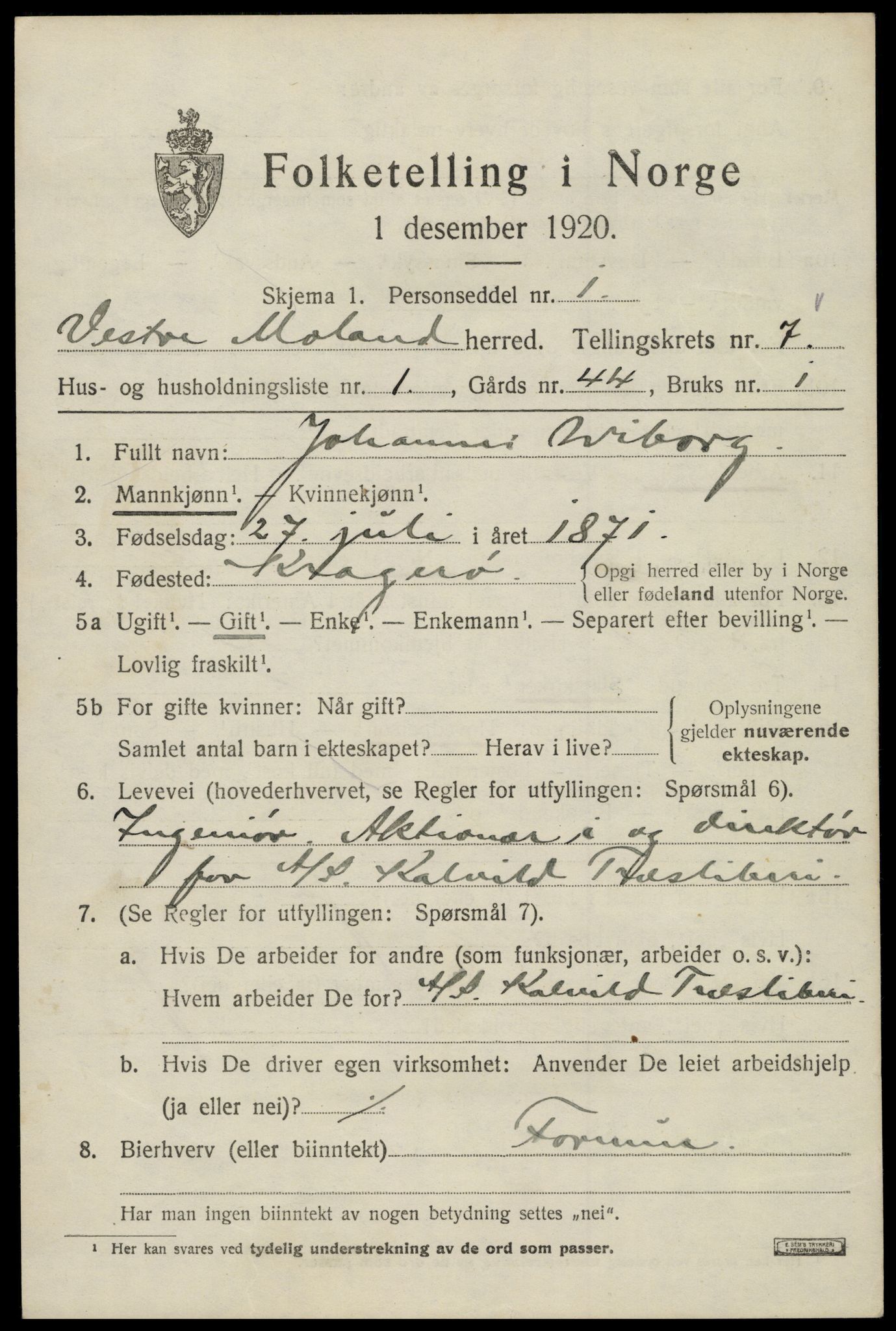 SAK, 1920 census for Vestre Moland, 1920, p. 4769