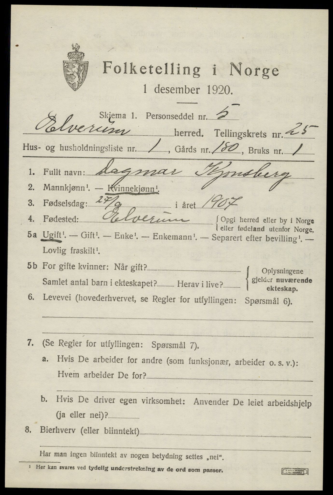 SAH, 1920 census for Elverum, 1920, p. 26234