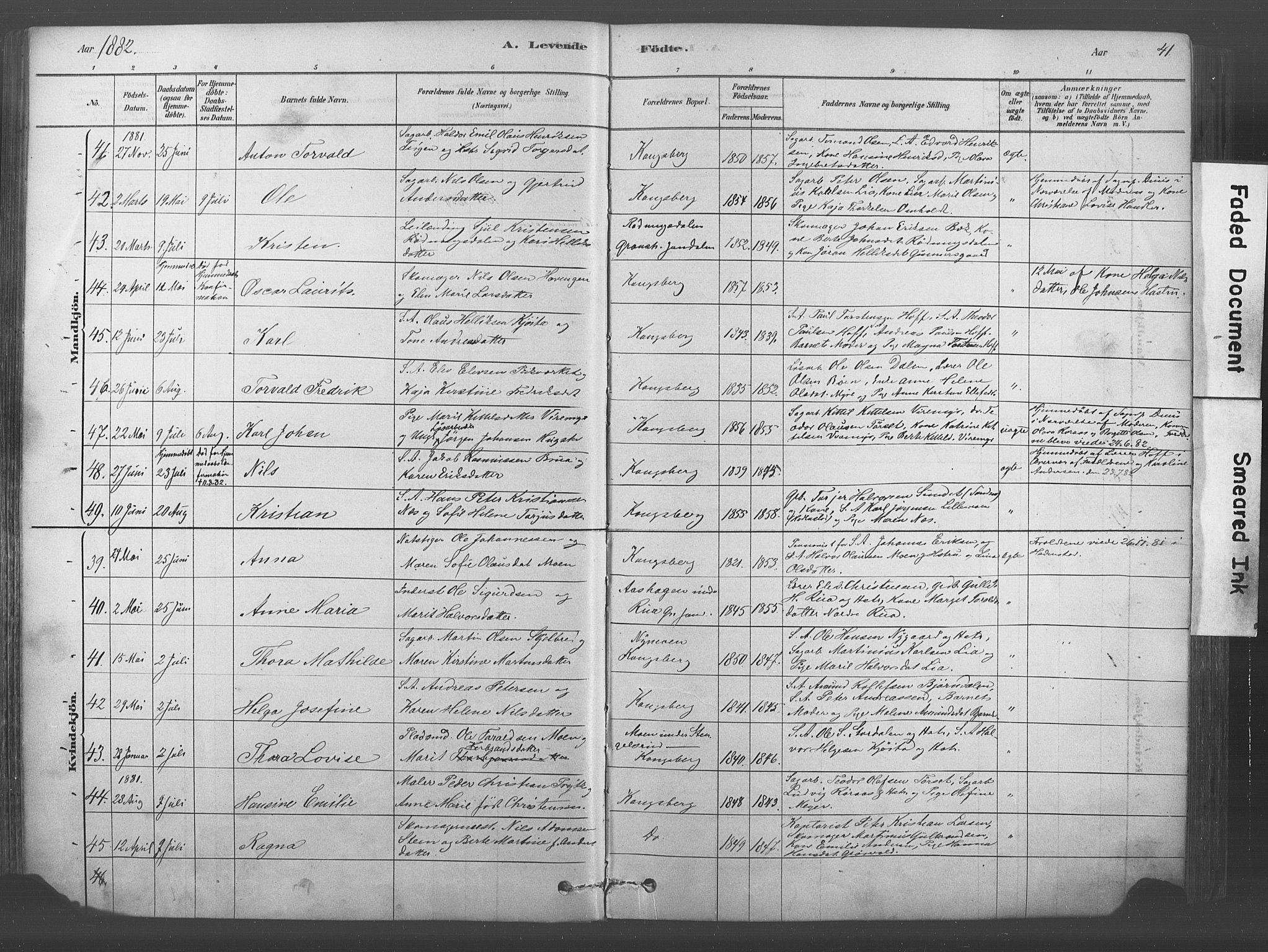 Kongsberg kirkebøker, AV/SAKO-A-22/F/Fb/L0001: Parish register (official) no. II 1, 1878-1886, p. 41
