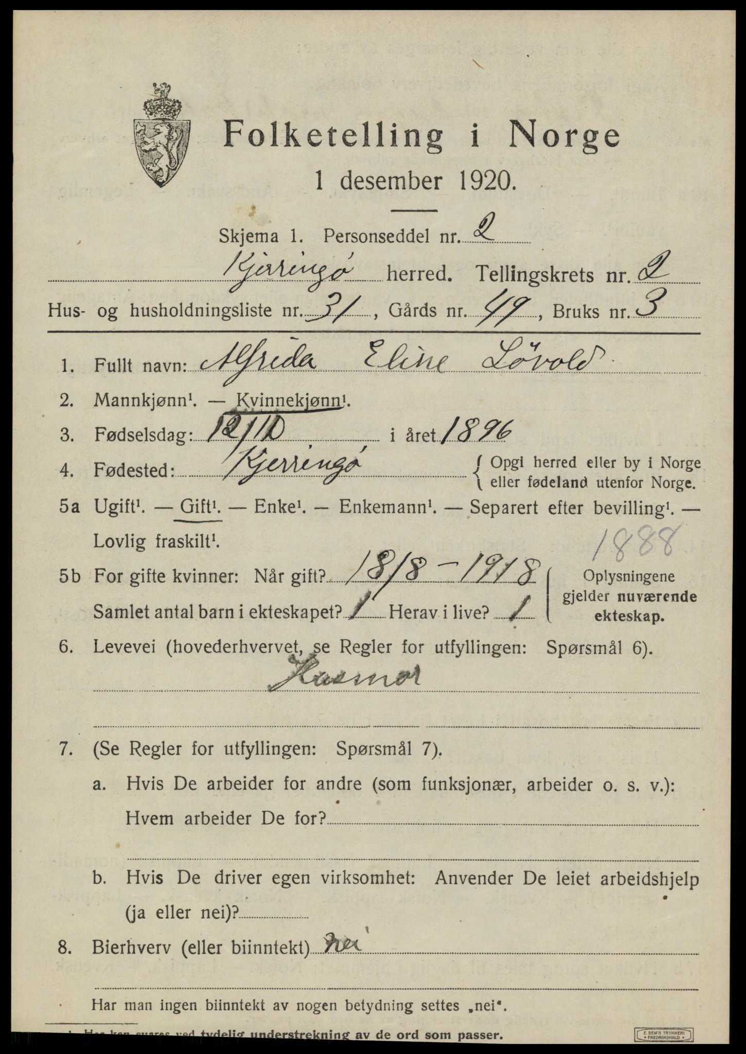 SAT, 1920 census for Kjerringøy, 1920, p. 1177